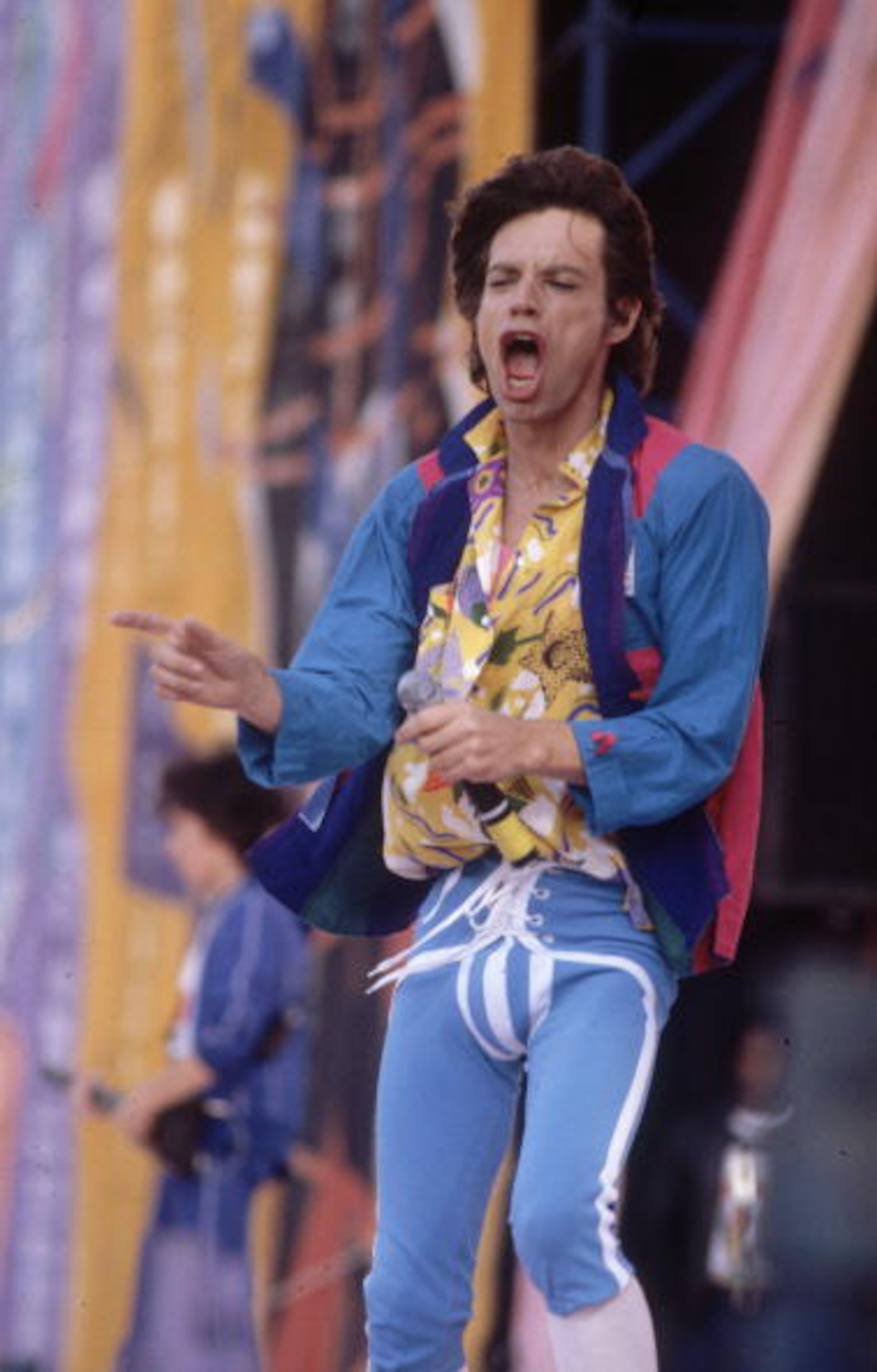1982: Mick Jagger, the lead singer of The Rolling Stones during a concert at Bristol. (Photo by Hulton Archive/Getty Images)