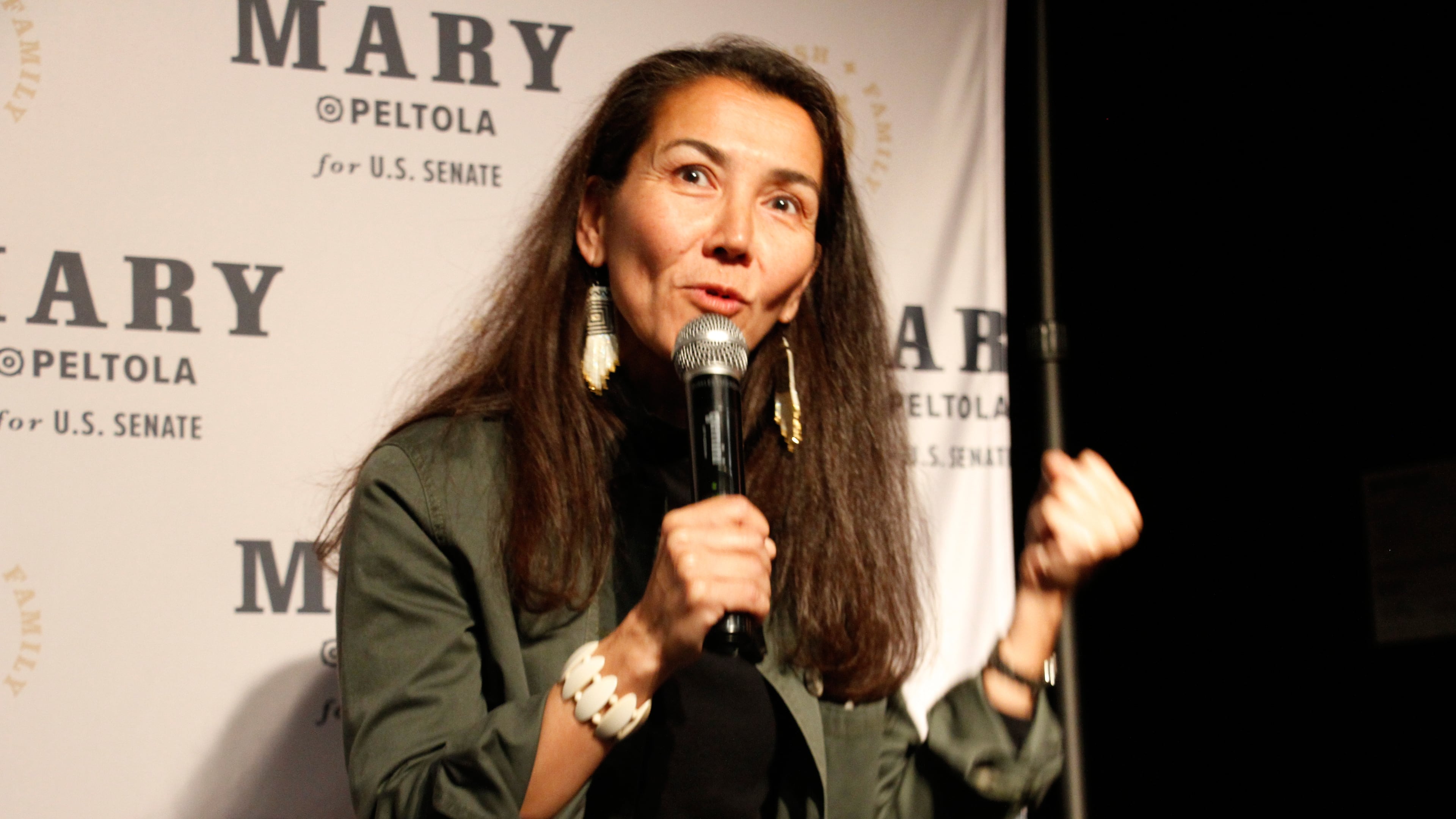 Mary Peltola, a Democrat running for the U.S. Senate seat in Alaska, addresses supporters at an election watch party Tuesday, Aug. 18, 2026, in Anchorage, Alaska. (AP Photo/Mark Thiessen)