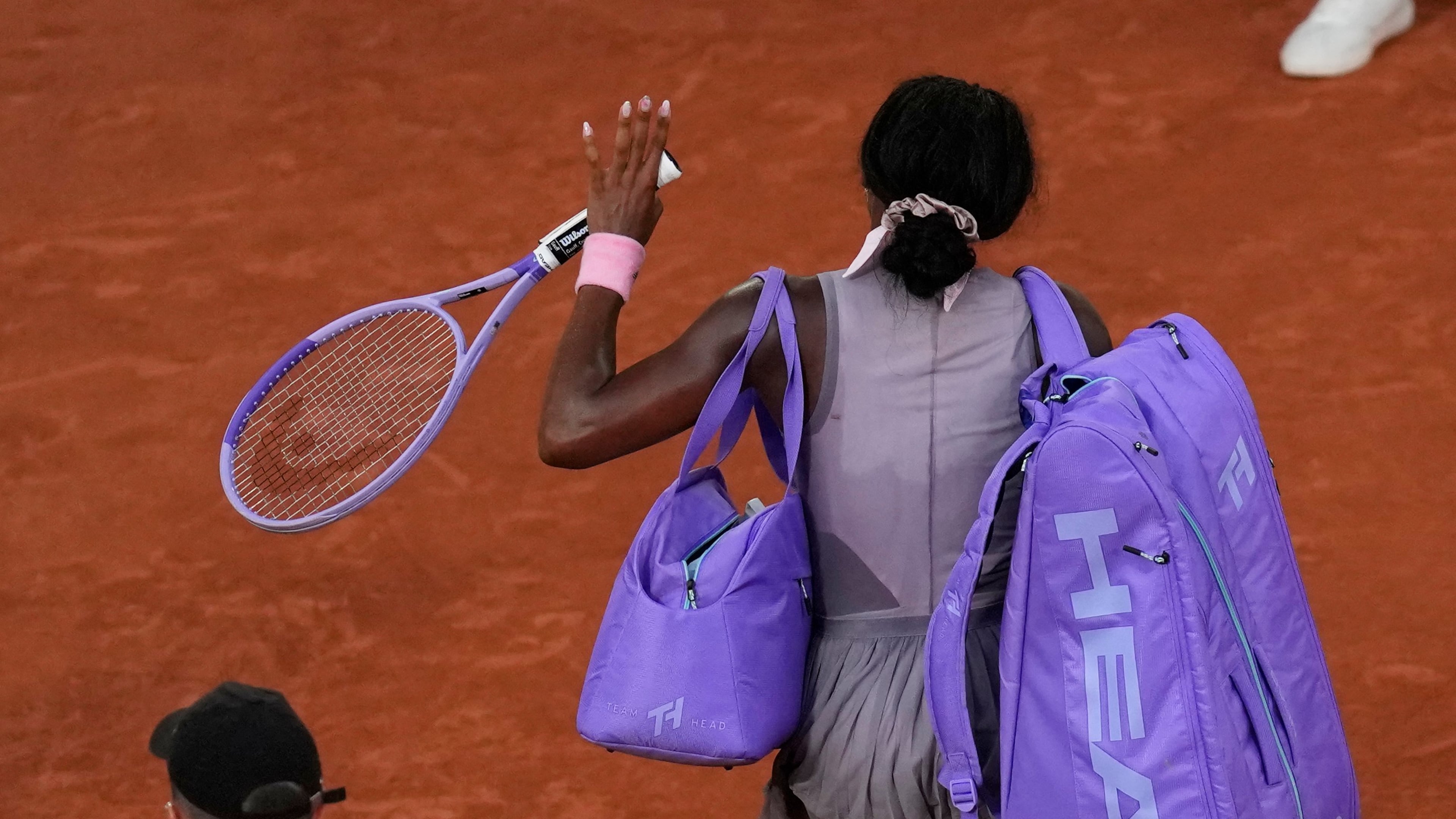 Coco Gauff of the U.S. leaves the court after the third round women's singles tennis match against Anastasia Potapova of Austria at the French Open tennis tournament in Paris, Saturday, May 30, 2026. (AP Photo/Christophe Ena)