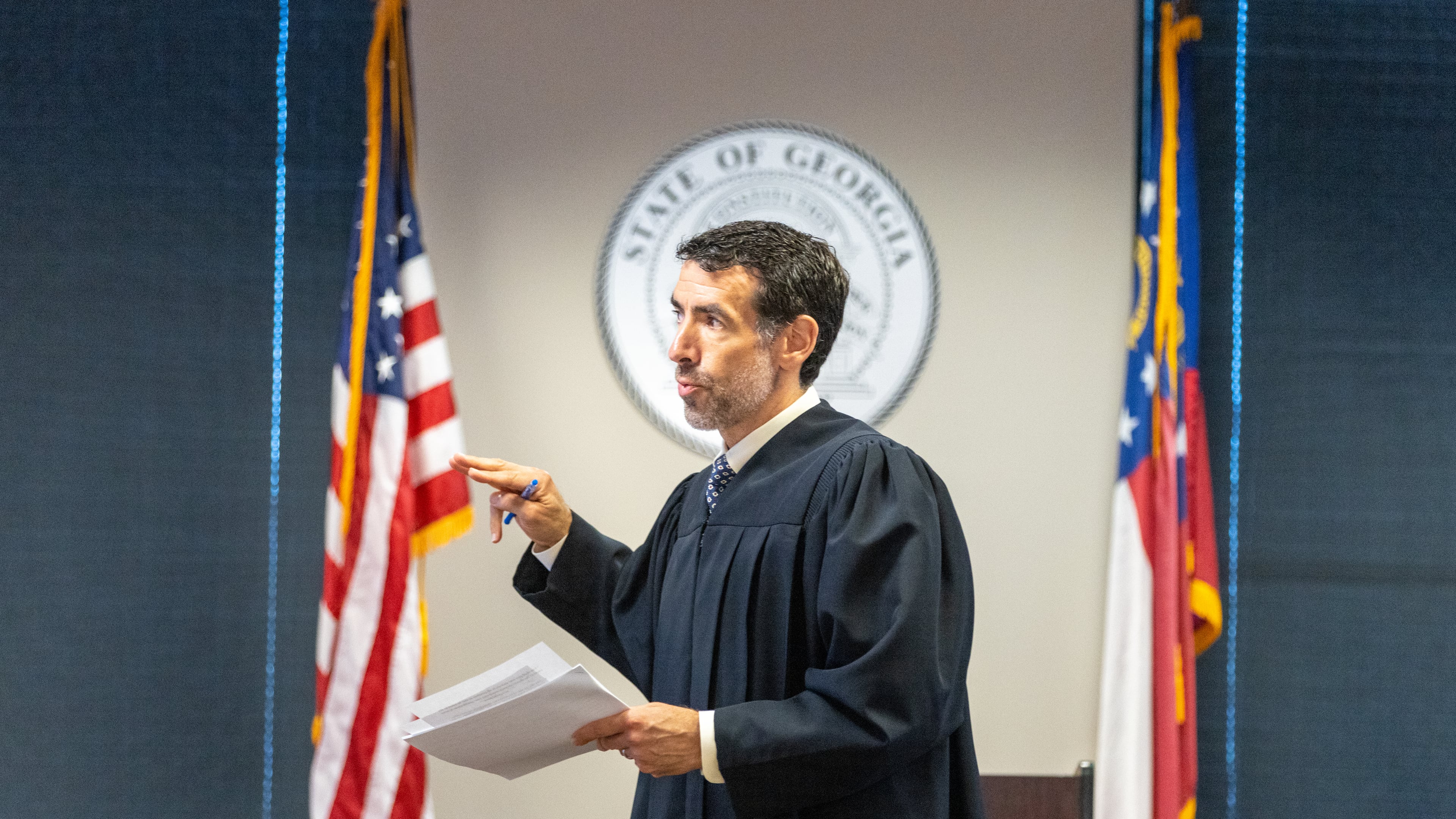 Judge Robert McBurney speaks to potential grand jurors in the Jury Assembly Room at Fulton County Courthouse in Atlanta on Tuesday, July 11, 2023. Two Fulton County grand juries are being selected, one of which will be expected to decide whether to hand up an indictment in the long-running investigation into alleged meddling with the 2020 presidential election. (Arvin Temkar / arvin.temkar@ajc.com)