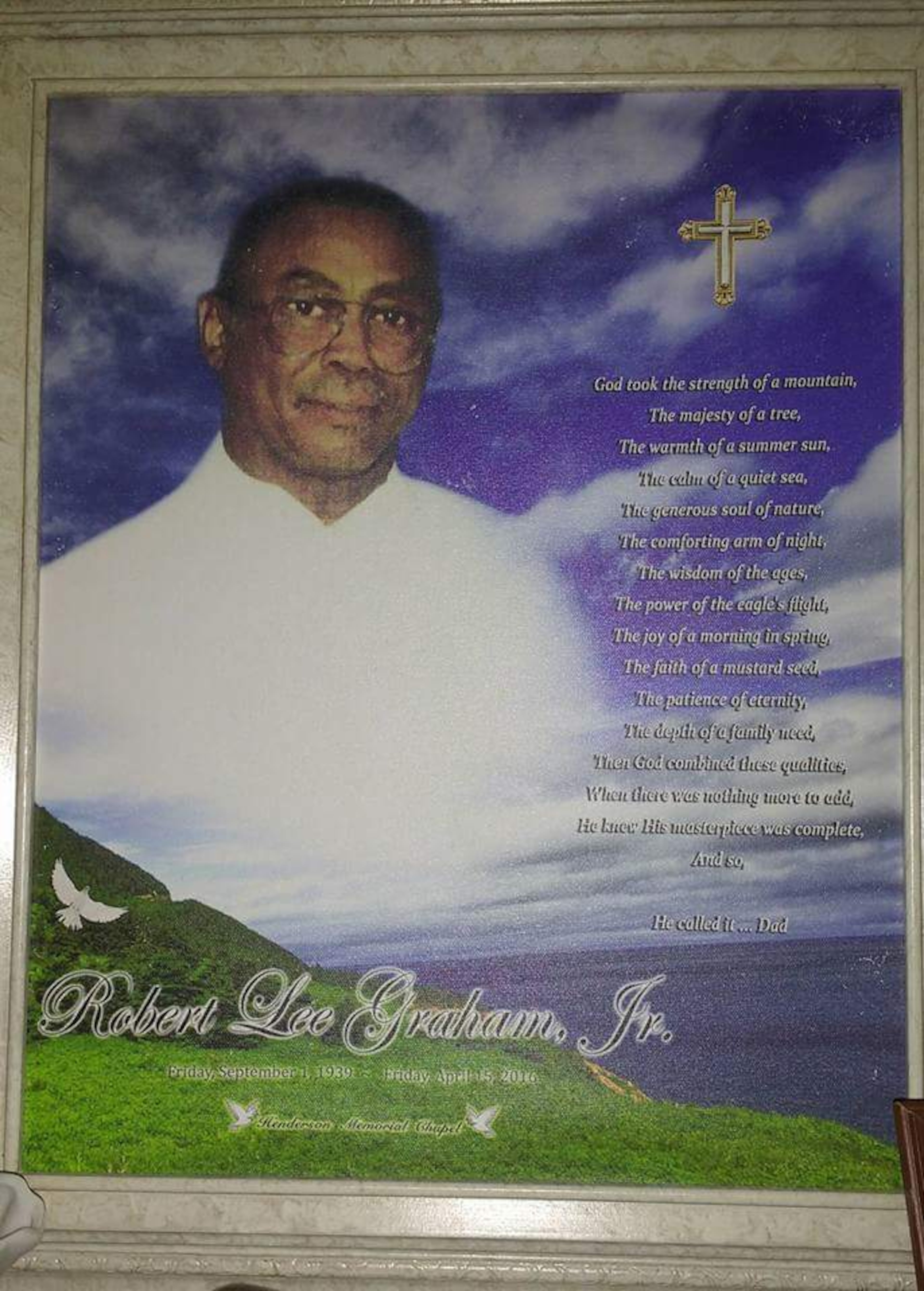 The funeral home that held the funeral of Robert Graham, the grandfather of Georgia Tech freshman James Graham, produced a poster for the service. It now hangs in the home of Bridget Daniels, Robert Graham's daughter. (Courtesy Bridget Daniels)