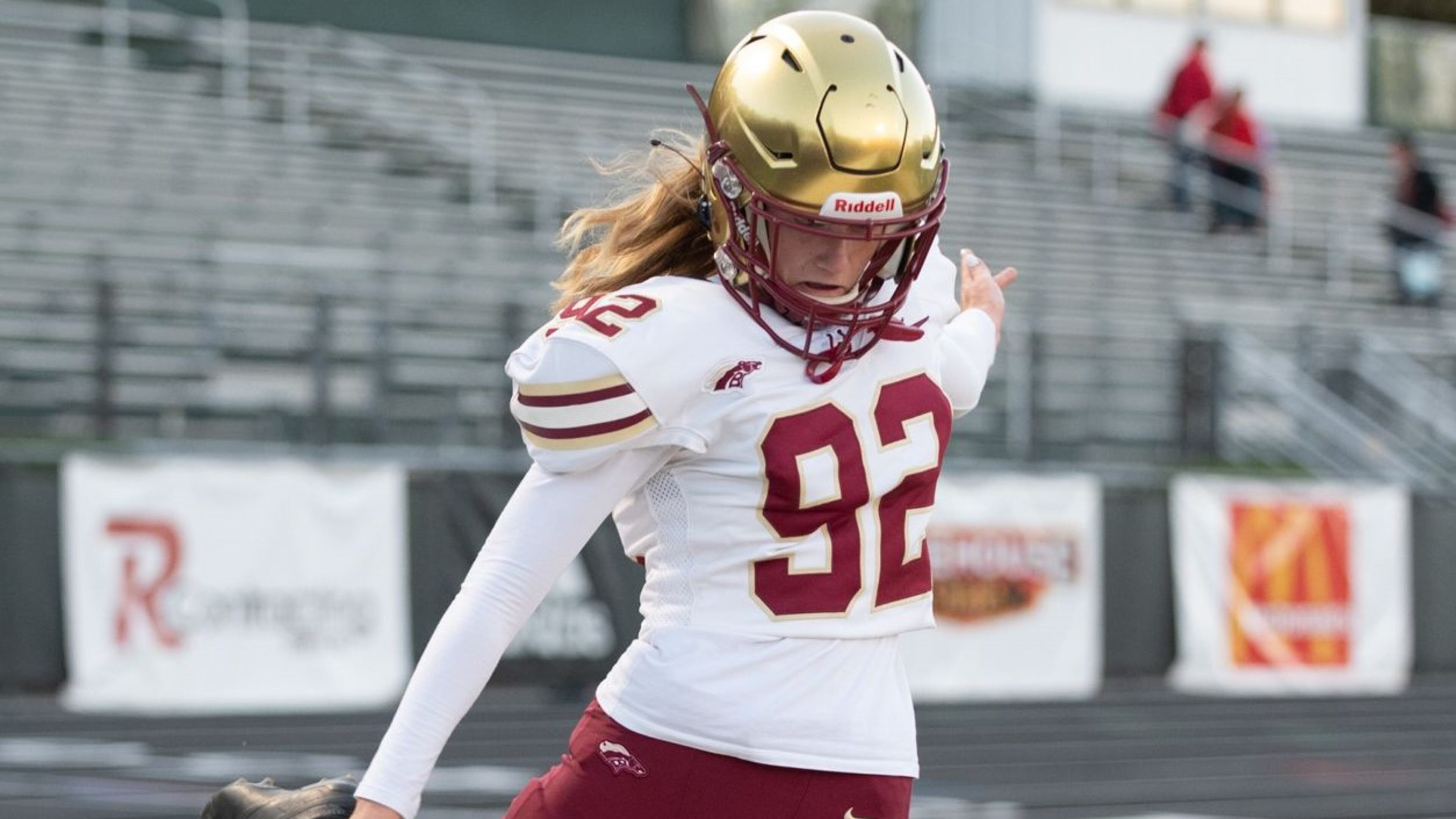 Caitlyn Soroka, kicker for Brookwood, warms up before the Grayson vs. Brookwood High School Football game on Friday, Oct. 21, 2022, at Grayson High School in Loganville, Georgia. (Jamie Spaar for the Atlanta Journal Constitution)