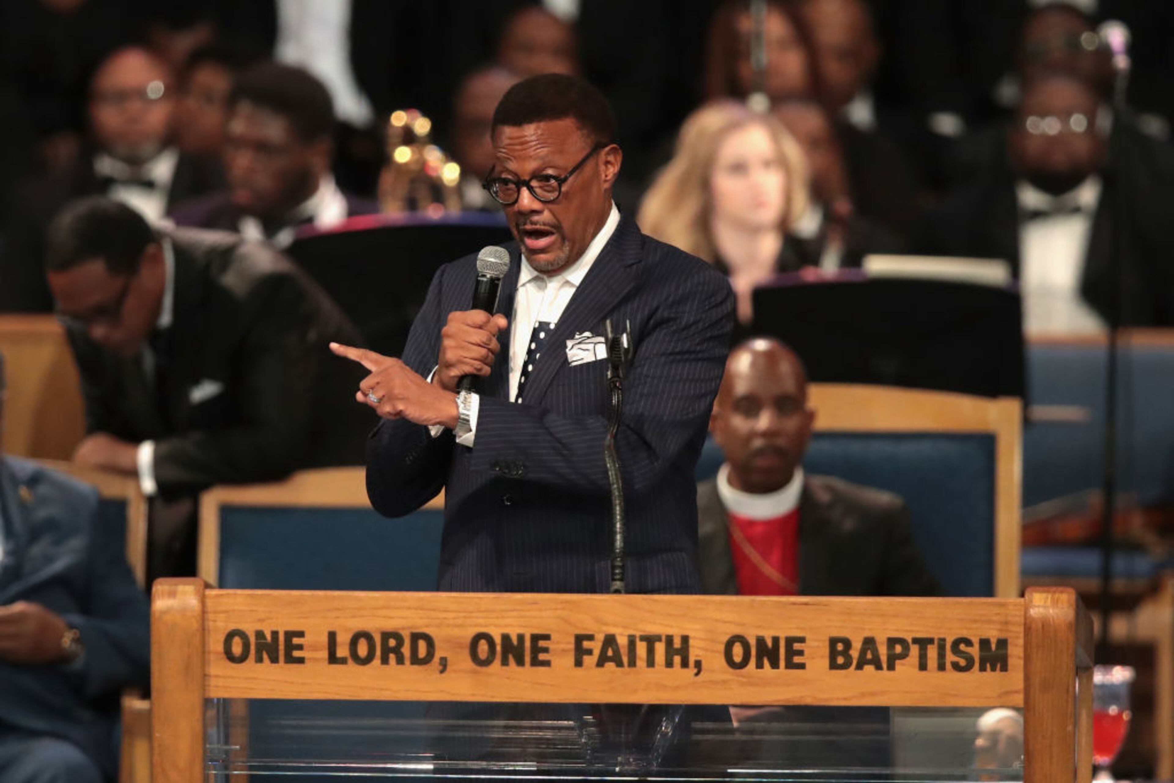 DETROIT, MI - AUGUST 31: Retired Judge Greg Mathis speaks at the funeral for Aretha Franklin at the Greater Grace Temple on August 31, 2018 in Detroit, Michigan. Franklin, 76, died at her home in Detroit on August 16. (Photo by Scott Olson/Getty Images)