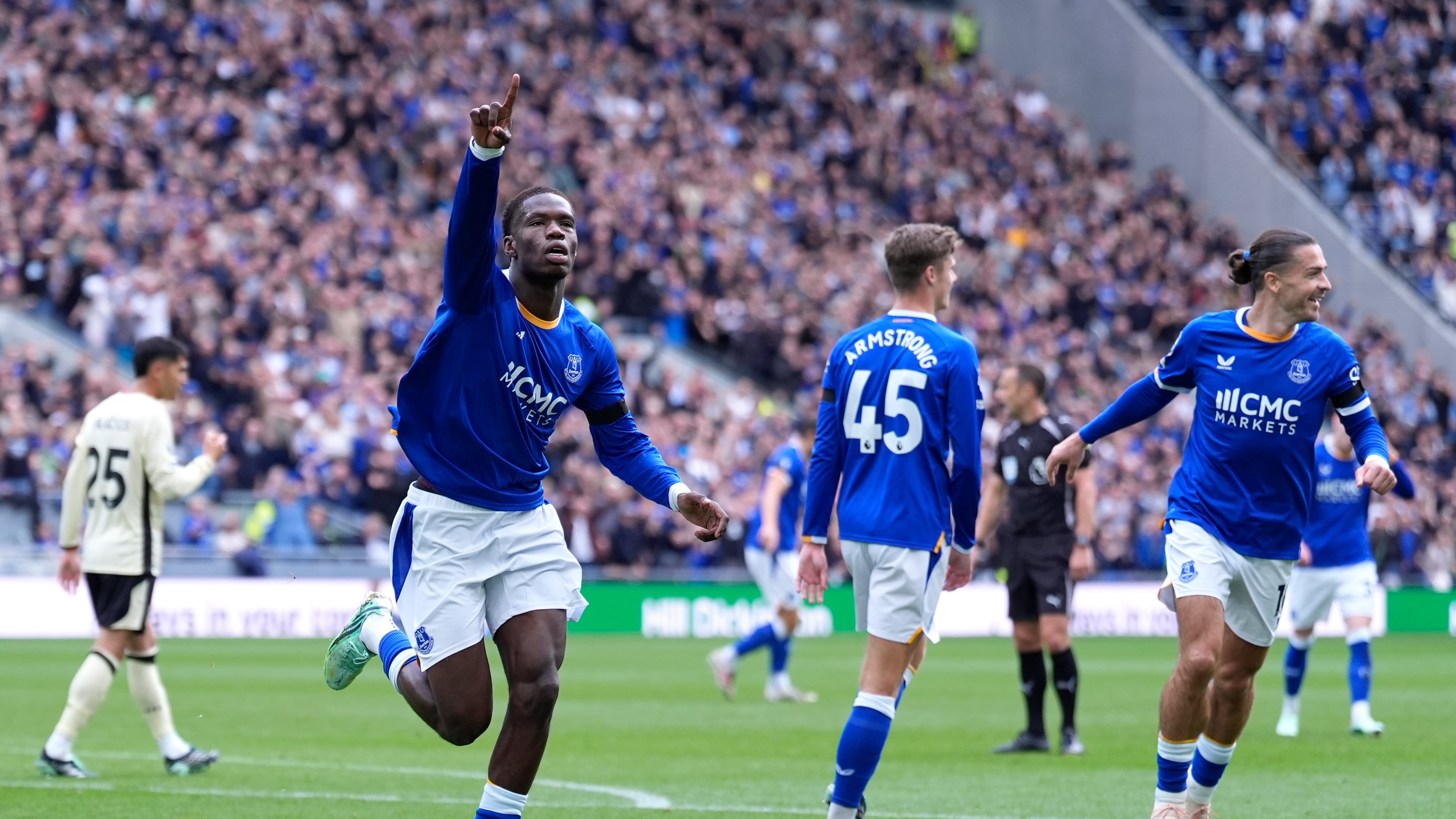 Everton's Thierno Barry celebrates scoring during the English Premier League soccer match between Everton and Ipswich Town in Liverpool, England, Saturday Sept. 19, 2026. (Peter Byrne/PA via AP)