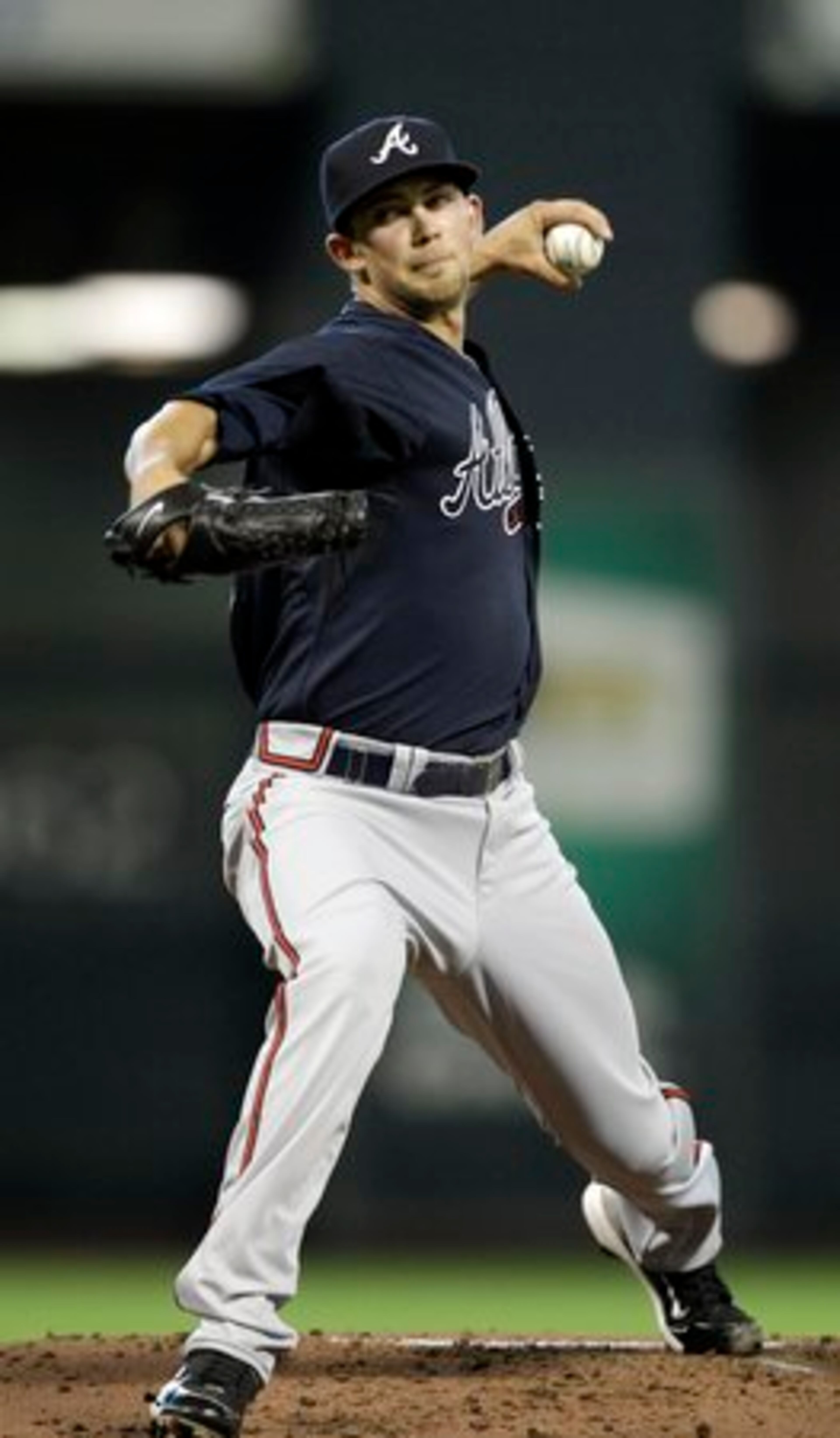 Atlanta Braves pitcher Mike Minor delviers a pitch against the Houston Astros during the first inning of a baseball game Monday, Aug. 9, 2010 in Houston.
