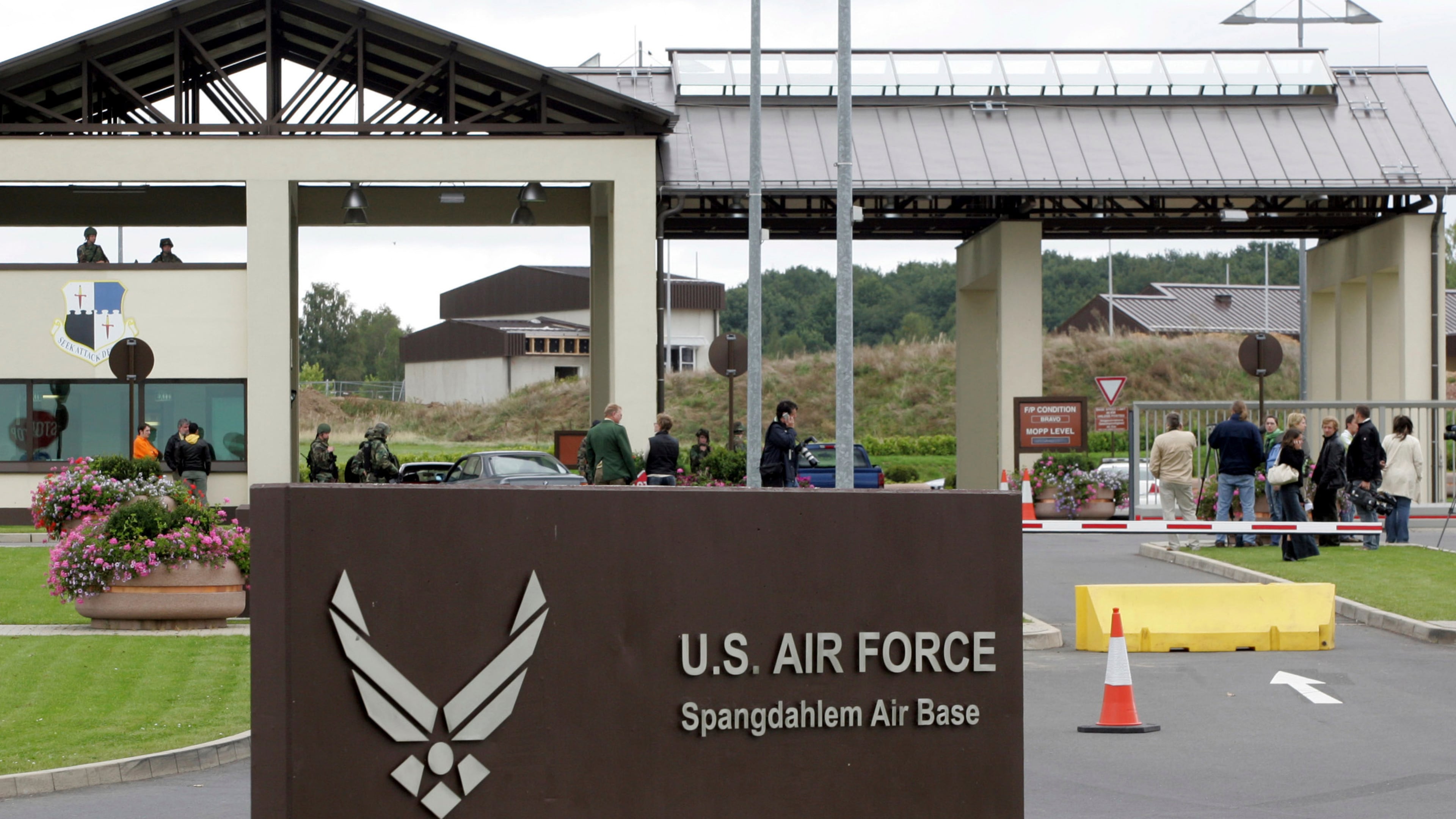 FILE - The main entrance of US airbase in Spangdahlem, western Germany, is seen on Sept. 11, 2007. (AP Photo/Roberto Pfeil, File)