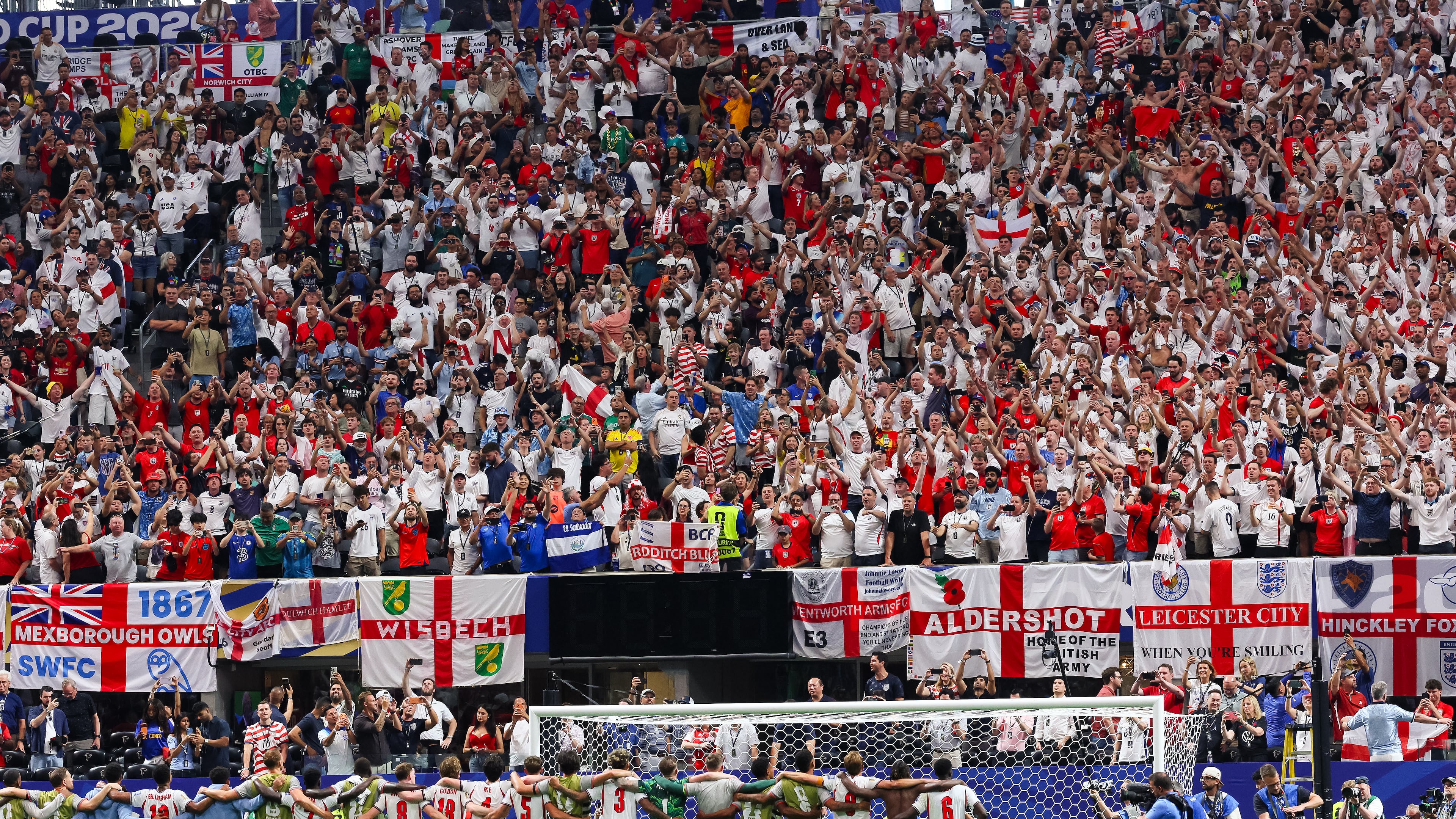 Fans stand and cheer for England after the team defeated Congo 2-1 during a World Cup match in the round of 32 at Atlanta Stadium on Wednesday, July 1, 2026, in Atlanta. (Jason Getz/AJC)