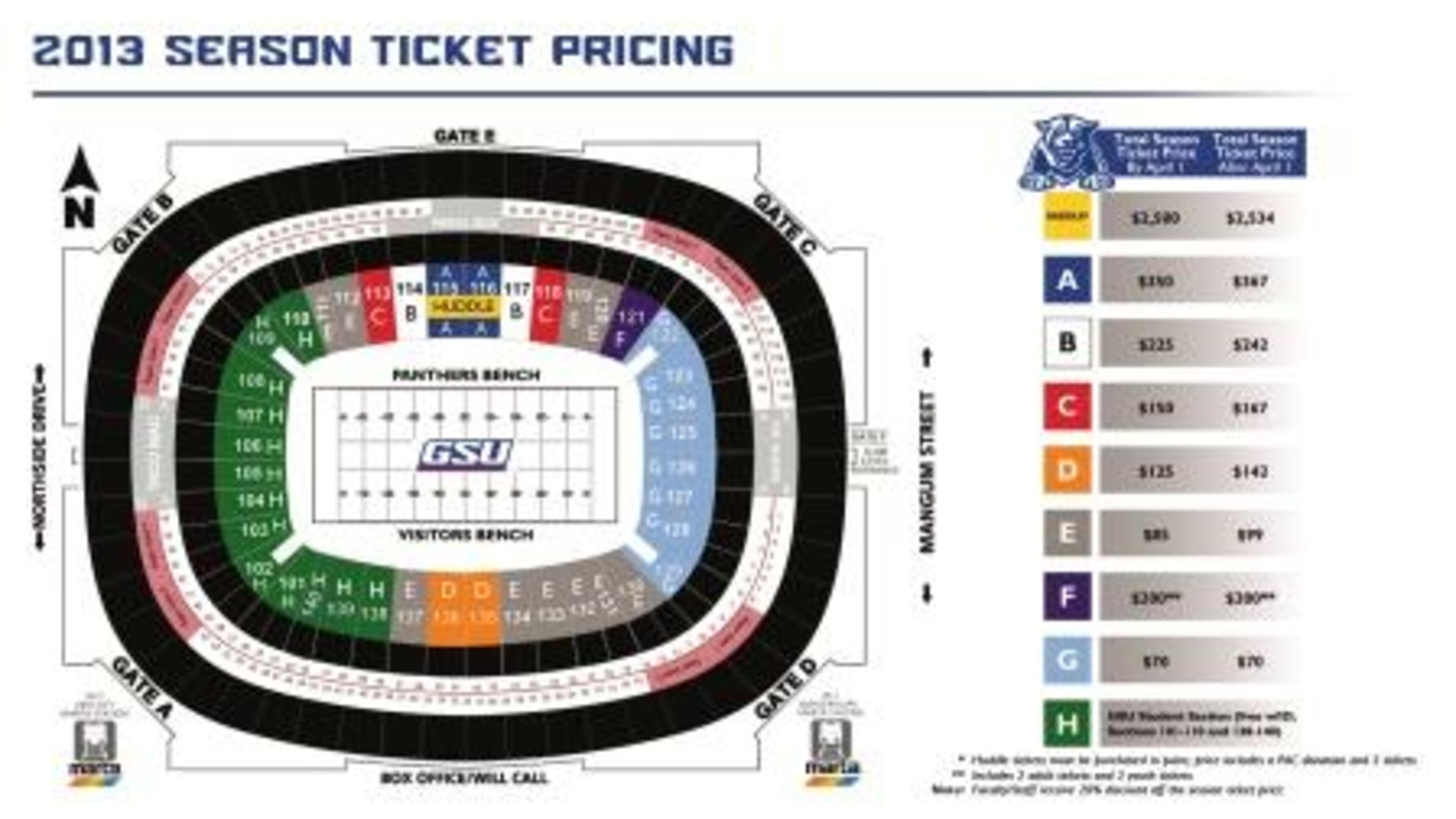 Ticket prices for Georgia State football games at the Georgia Dome.