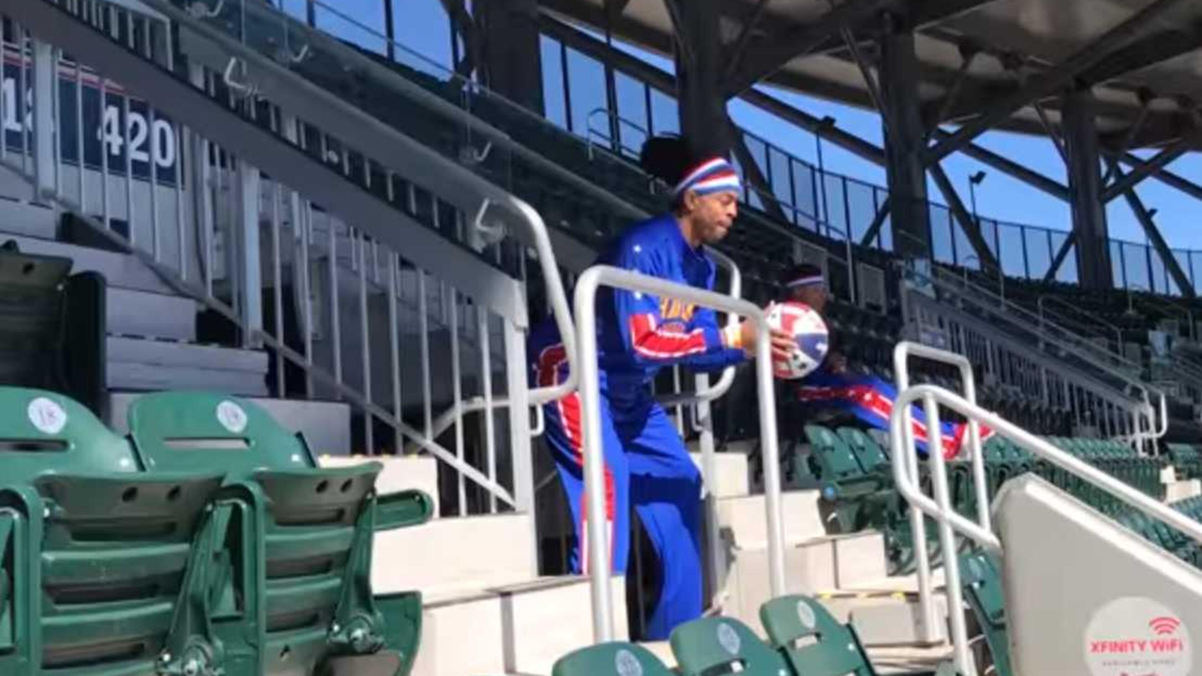 This is Hammer. He crushed a trick shot from the upper deck of SunTrust Park to a hoop at the Braves' dugout.