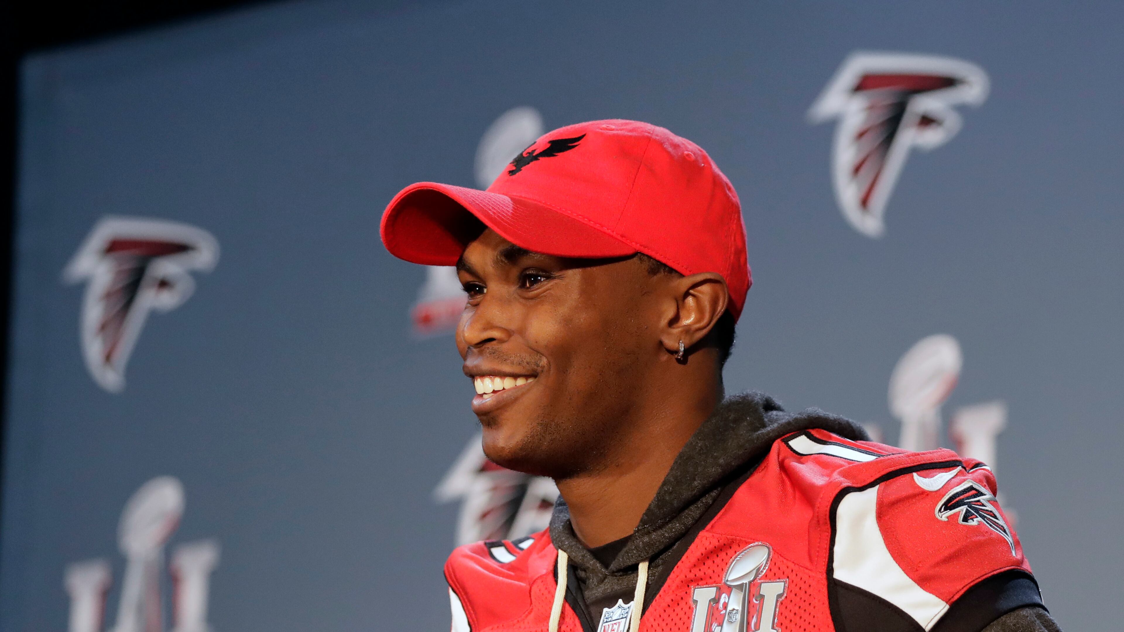 Falcons wide receiver Julio Jones takes part in a media availability for the Super Bowl, Thursday, Feb. 2, 2017, in Houston. The Falcons will face the New England Patriots in the Super Bowl on Sunday. (AP Photo/Eric Gay)