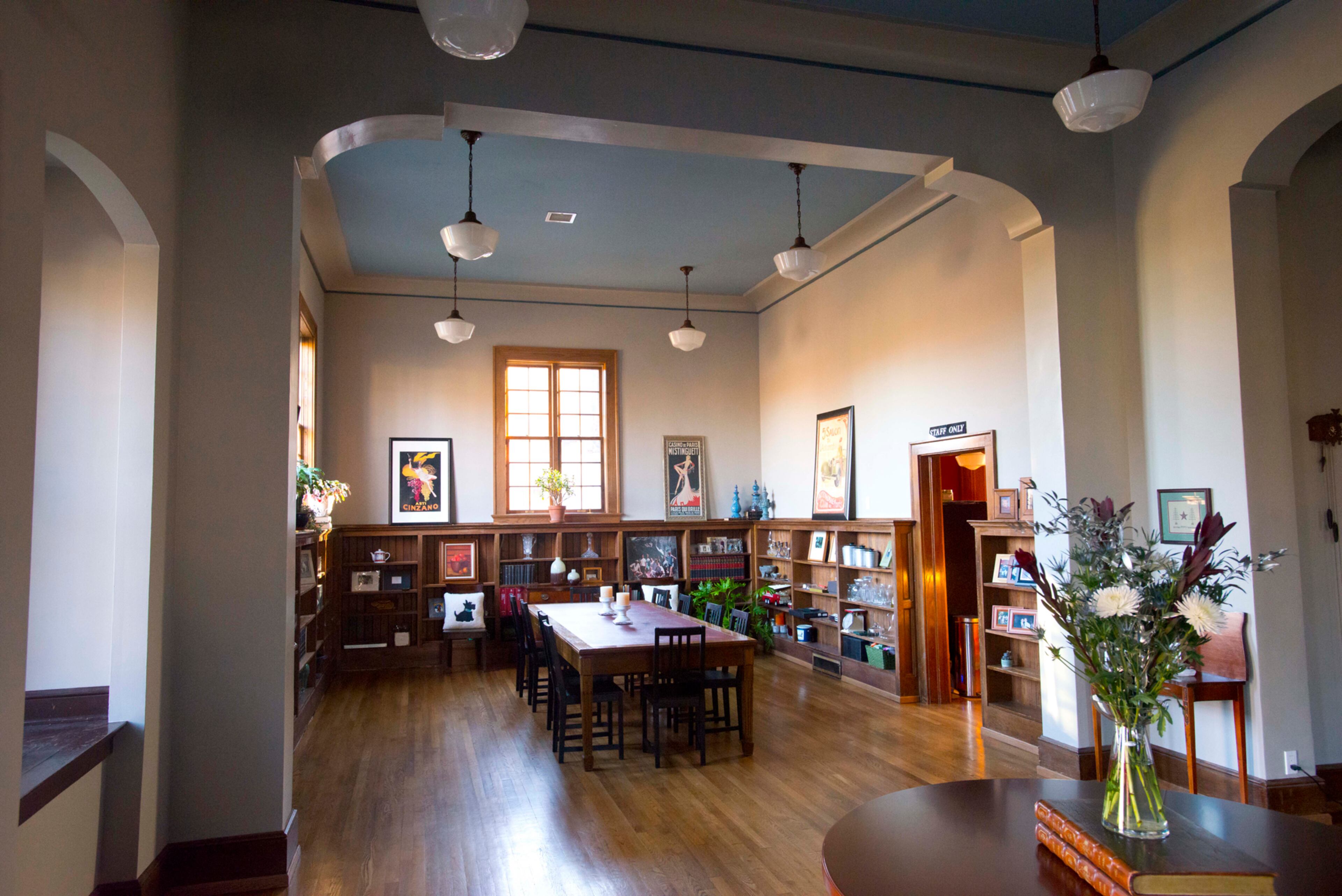 Original features they retained include the arches (about 12 feet high and a foot thick), lighting and bookshelves in the front room, which is about 56 feet long and 17 feet wide, with 14-foot ceilings.