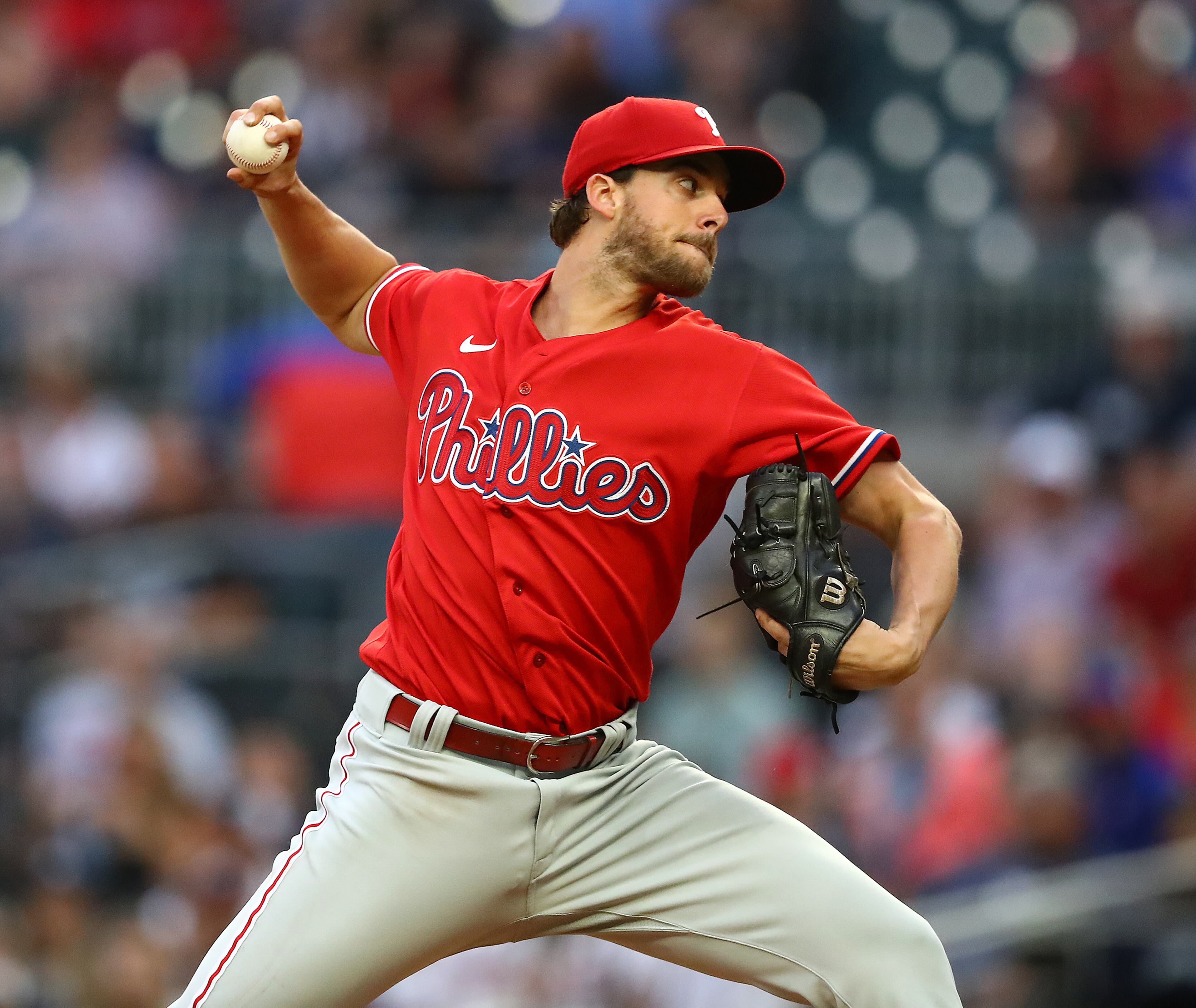 052622 Atlanta: Philadelphia Phillies starting pitcher Aaron Nola delivers against the Atlanta Braves during the first inning of a MLB baseball game on Thursday, May 26, 2022, in Atlanta. “Curtis Compton / Curtis.Compton@ajc.com”