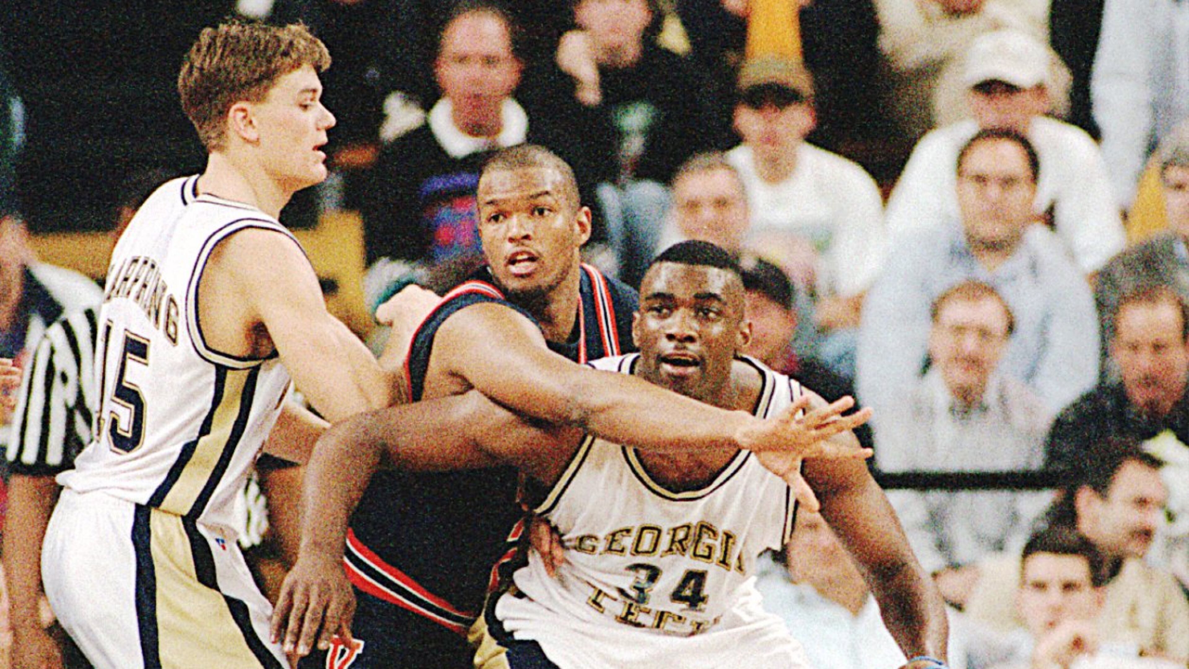 950222 Ga Tech vs Virginia 25 Norman Nolan of Virginia tries to prevent 34 James Forrest from recieving a pass as Matt Harpring tries to help Forrest