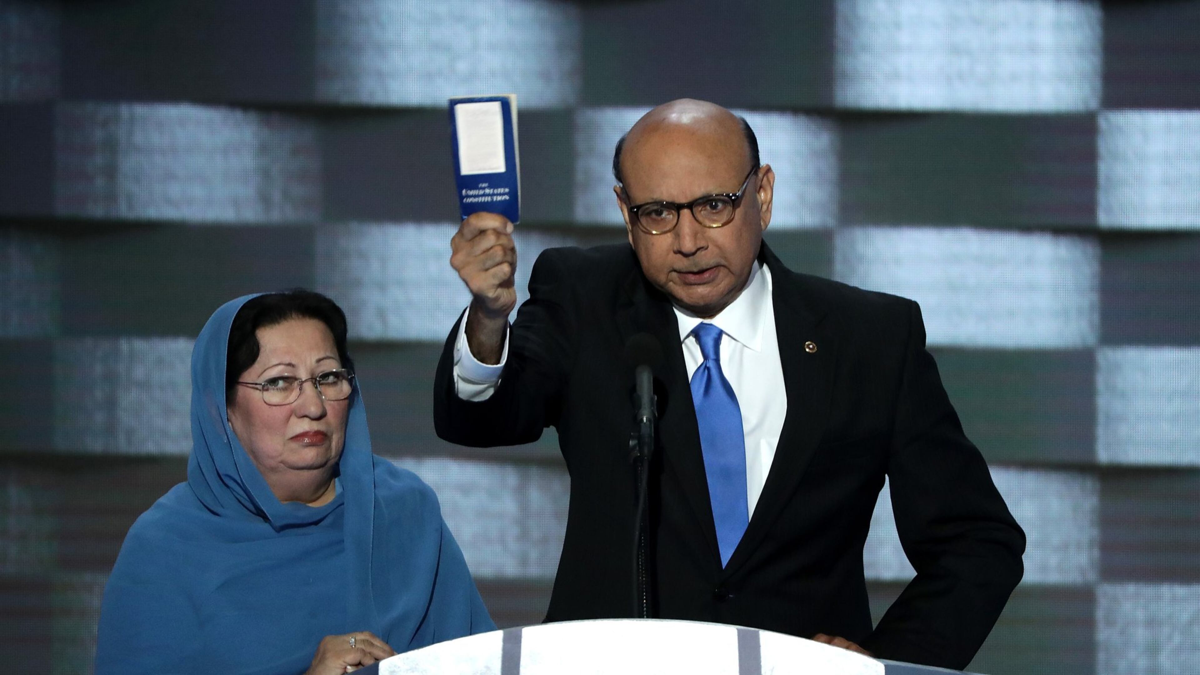 Khizr and Ghazala Khan — whose son Humayun Khan was an Army captain killed in Iraq in 2004 — at the Democratic National Convention in Philadelphia. Khizr spoke on the convention’s last night, July 28, 2016. (Photo by Alex Wong/Getty Images)