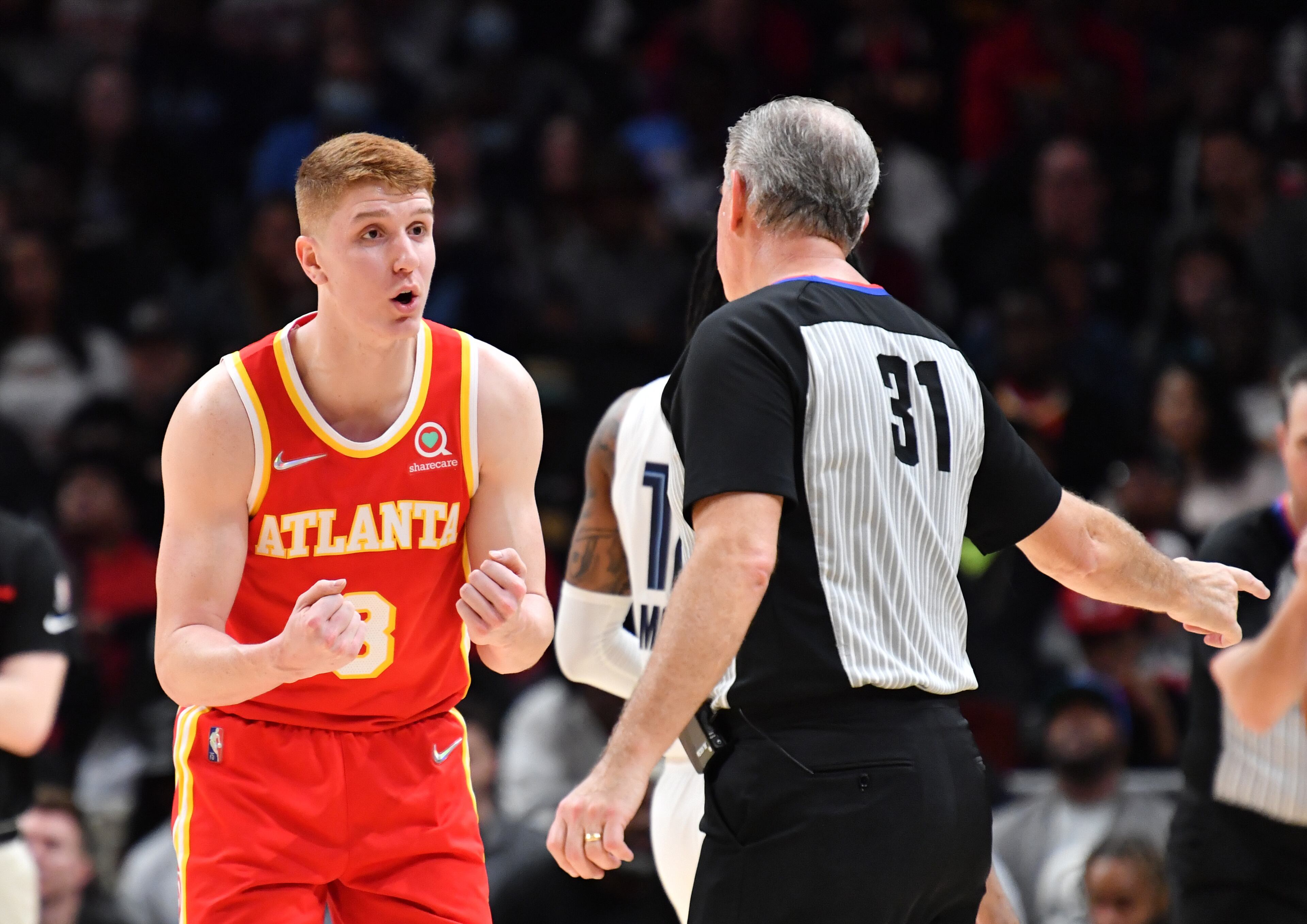 Atlanta Hawks' guard Kevin Huerter (3) appeals to a referee during the second half in an NBA basketball game at State Farm Arena on Friday, March 18, 2022. Atlanta Hawks won 120-105 over Memphis Grizzlies. (Hyosub Shin / Hyosub.Shin@ajc.com)