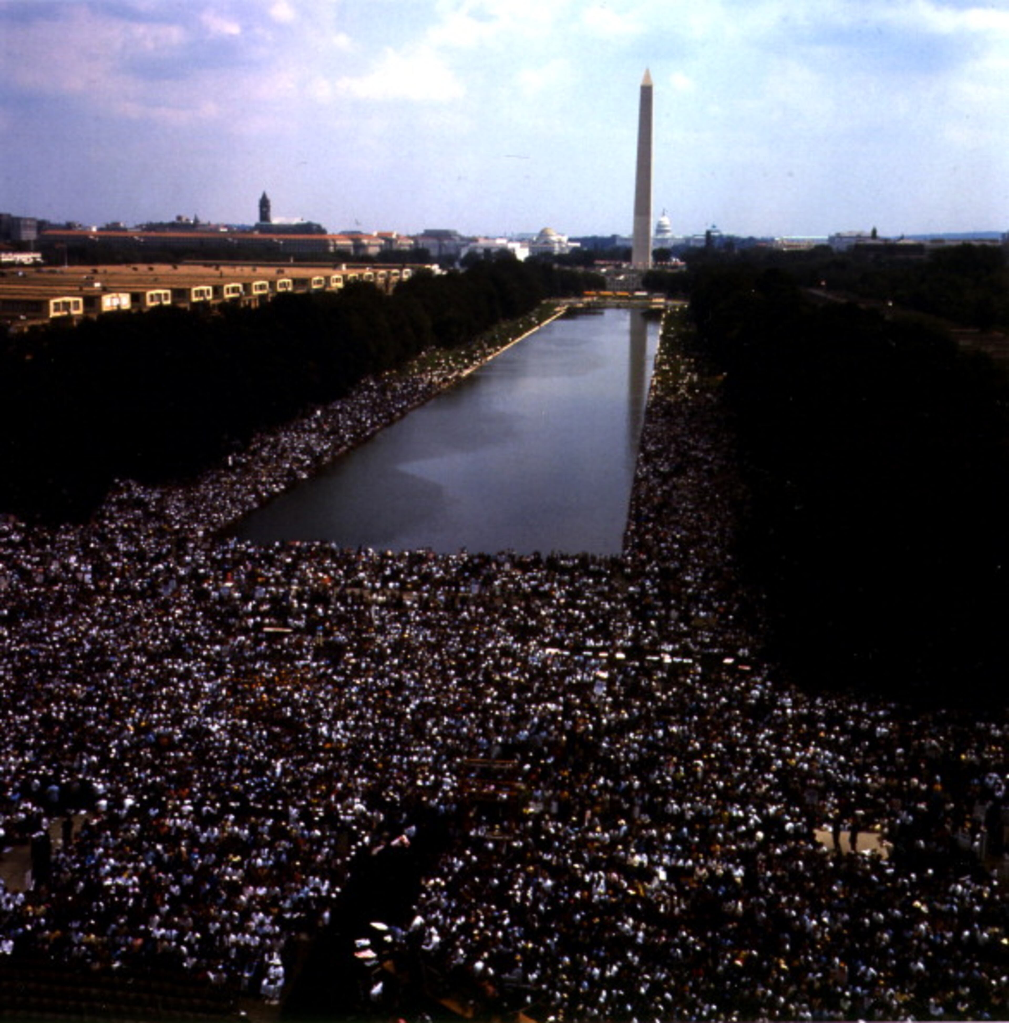 High-angle view of the massive crowd at the Washington Monument and Reflecting Pool during the March on Washington for Jobs and Freedom, Washington DC, August 28, 1963. The march and rally provided the setting for the Reverend Martin Luther King Jr's iconic 'I Have a Dream' speech. (Photo by PhotoQuest/Getty Images)