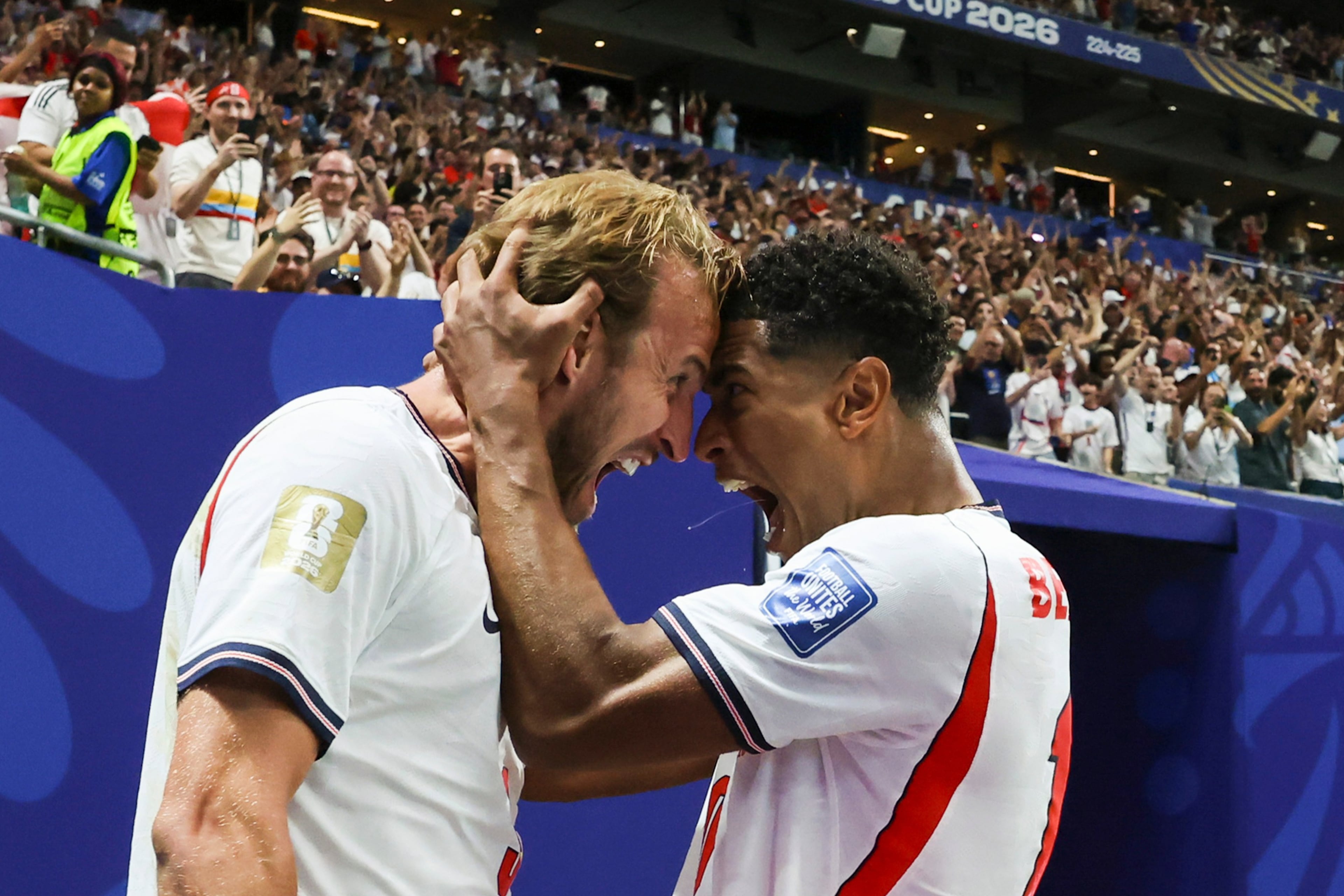 England's Harry Kane (left) and Jude Bellingham celebrate after Kane's goal against Congo. (Jason Getz/AJC)