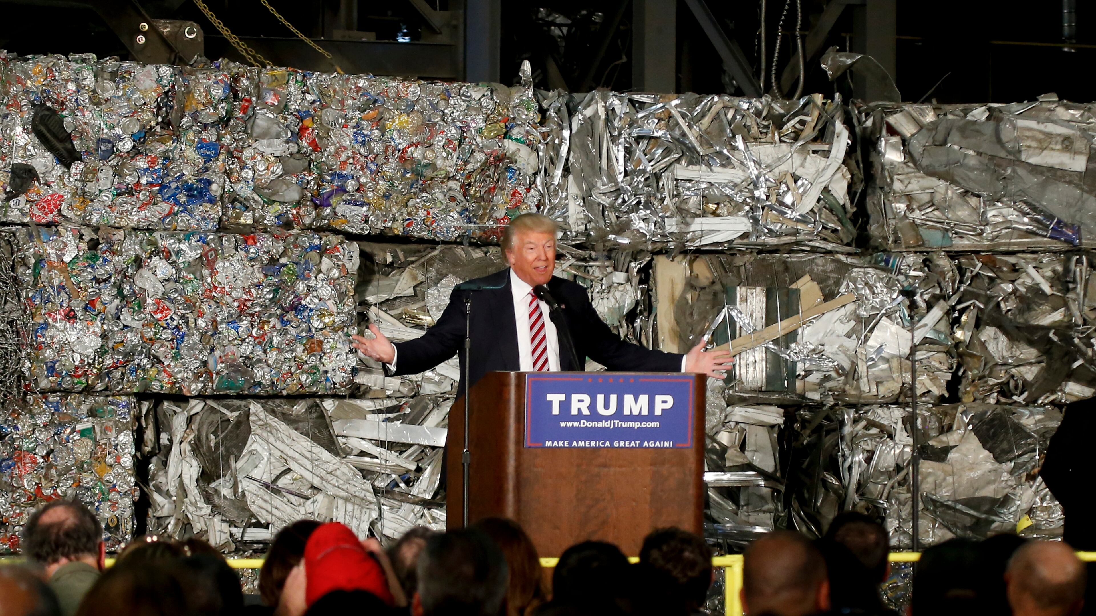 Republican presidential candidate Donald Trump speaks during a campaign stop on Tuesday at Alumisource, a metals recycling facility in Monessen, Pa. AP/Keith Srakocic