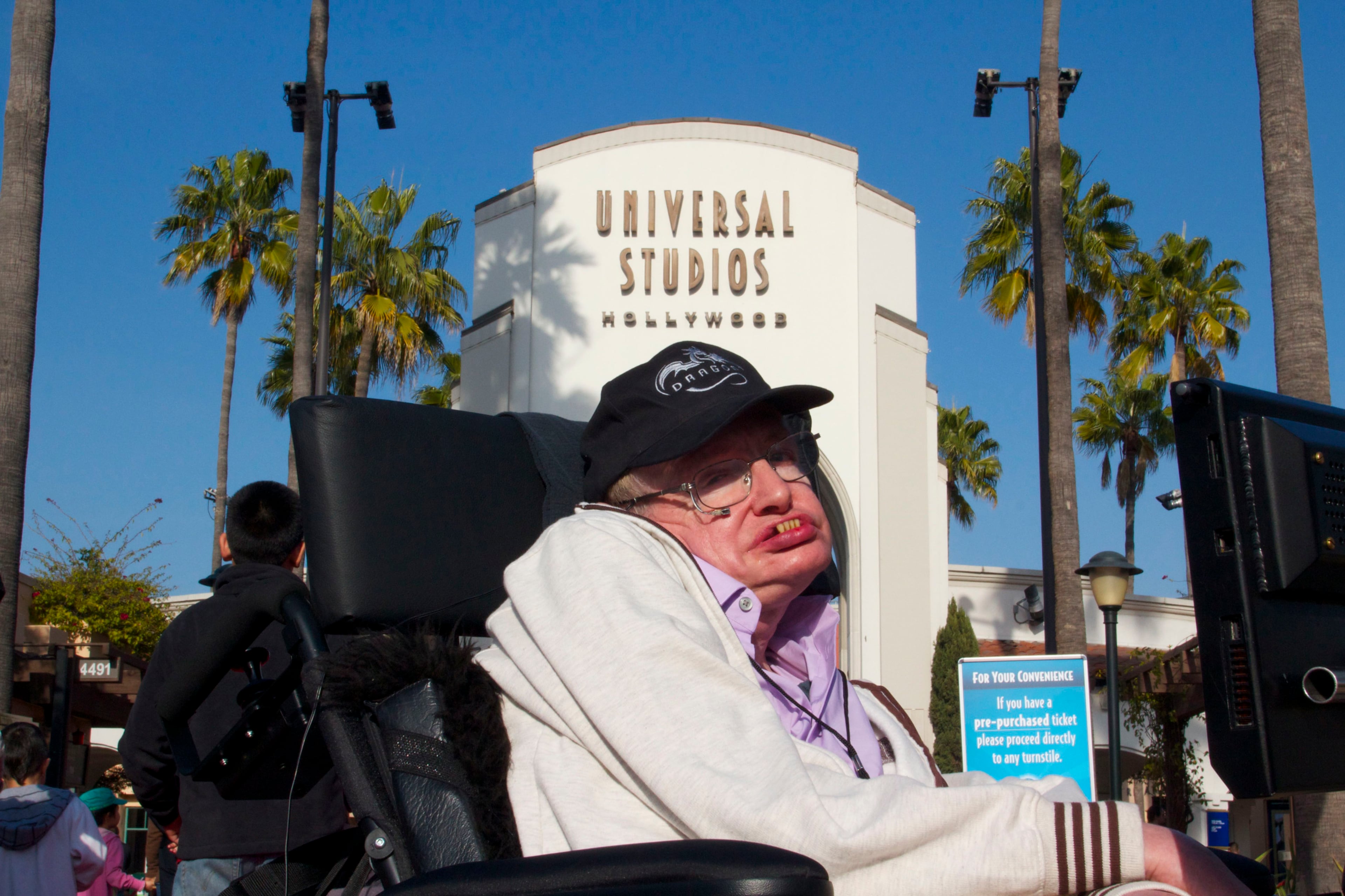 UNIVERSAL CITY, CA - JANUARY 29: In this handout photo provided by Universal Studios Hollywood, Physicist Stephen Hawking visited Universal Studios Hollywood on January 29, 2011 in Universal City, California. (Photo by Universal Studios Hollywood via Getty Images)