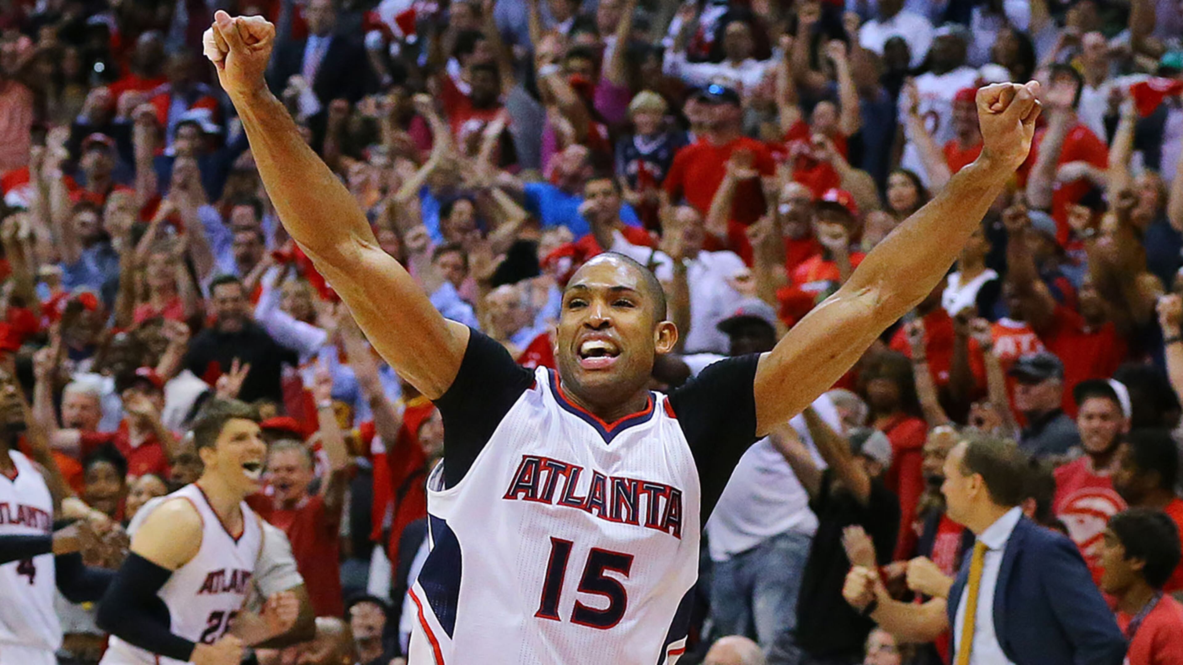 Hawks center Al Horford reacts after hitting the game winning shot to beat the Wizards 82-81 in their Eastern Conference Semifinals game 5. Curtis Compton / ccompton@ajc.com