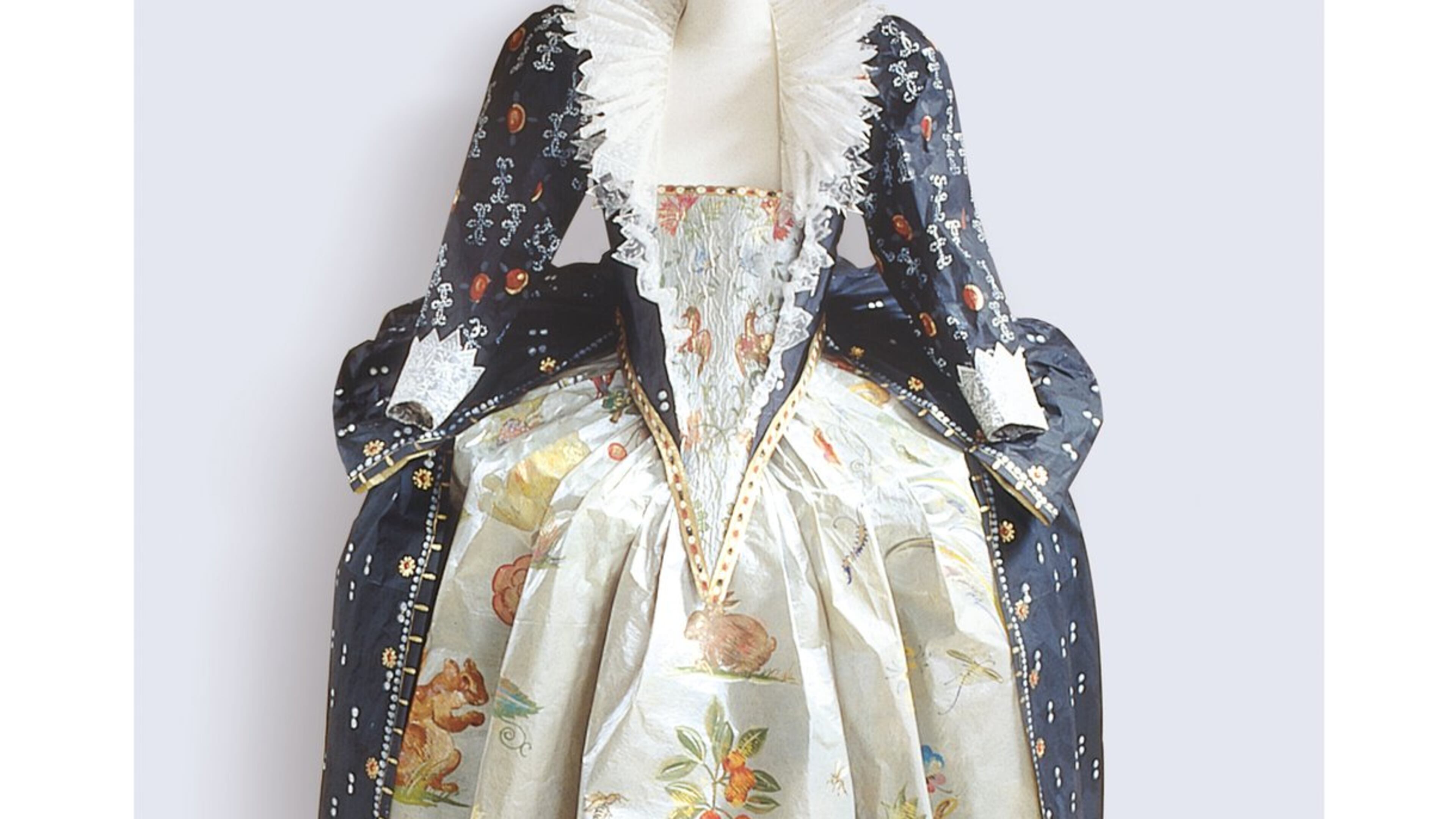 “Isabelle de Borchgrave: Fashioning Art from Paper” at SCADFASH features clothes made entirely from paper like “Elizabeth I Court Dress” (2001) made from mixed media, primarily acrylic, ink, metallic powder and adhesive on paper. Contributed by SCAD