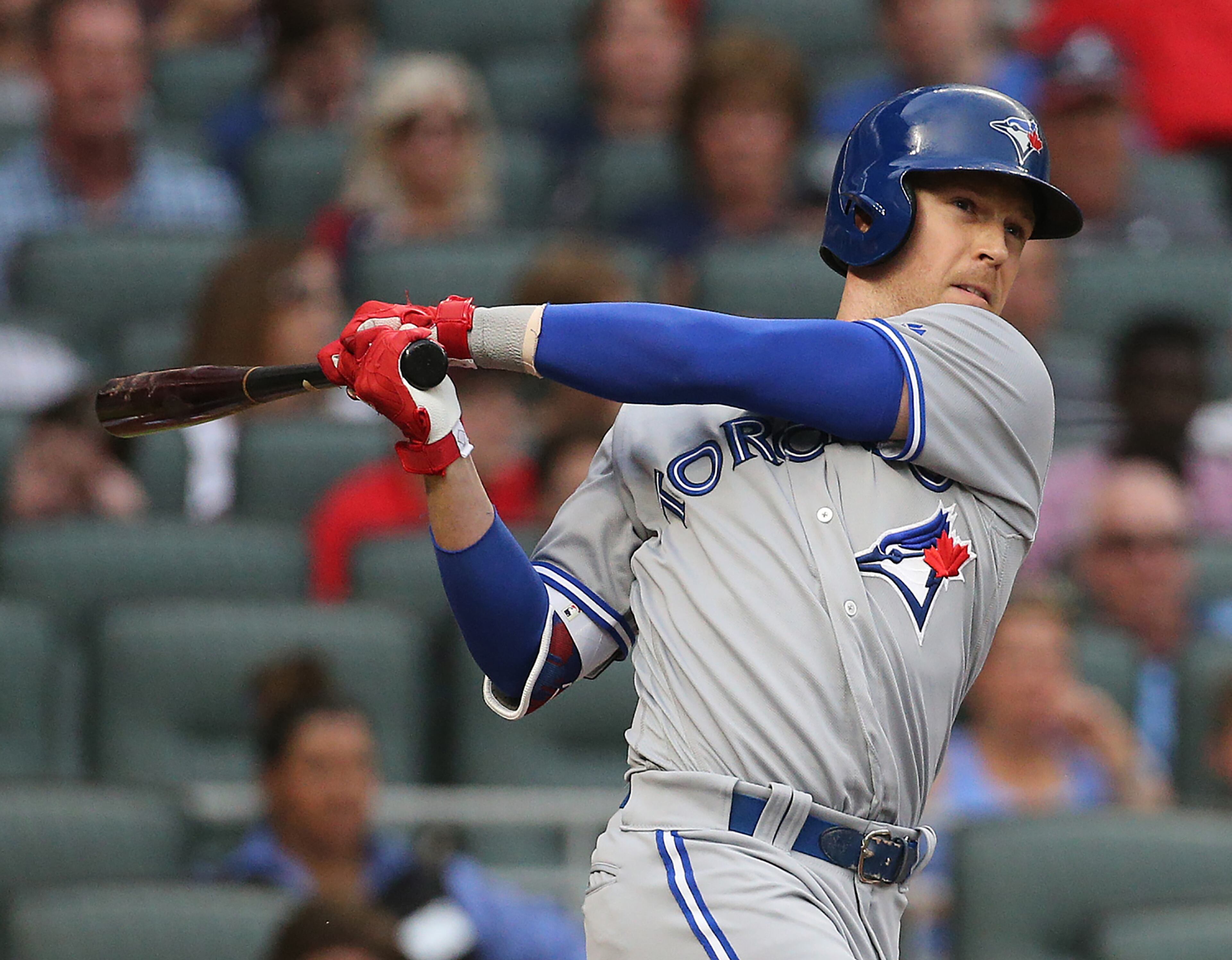 May 18, 2017, Atlanta: Toronto Blue Jays Chris Coghlan hits a 2-RBI double off Atlanta Braves Julio Teheran to take a 2-o lead during the first inning in a MLB baseball game on Thursday, May 18, 2017, in Atlanta. Curtis Compton/ccompton@ajc.com