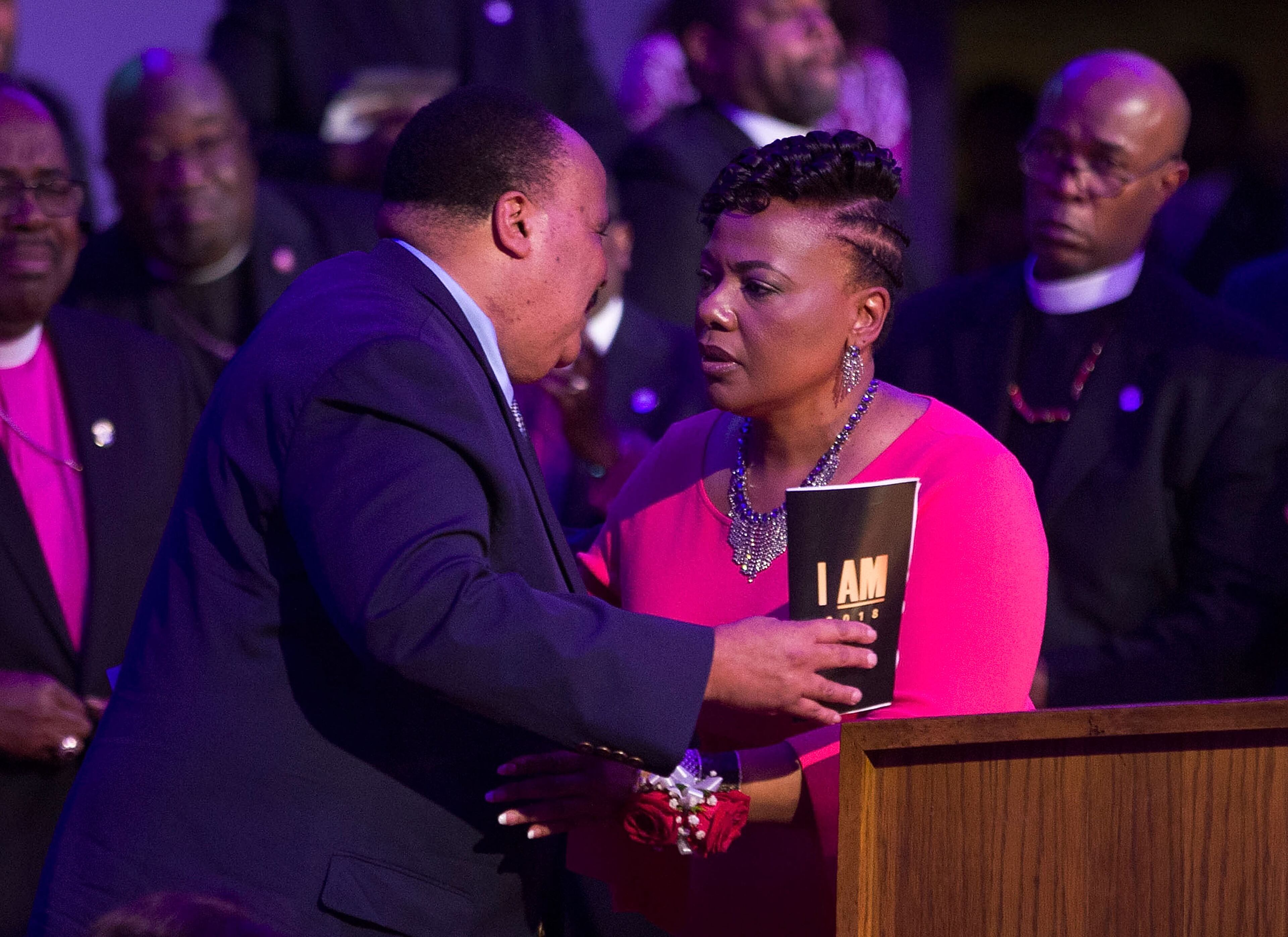 MEMPHIS, TN - APRIL 03: Martin Luther King III (L) and his sister Bernice King hug as they attend the I AM 2018 "Mountaintop Speech" Commemoration at the Mason Temple Church of God in Christ, the same place their Martin Luther King, Jr. delivered his "Mountaintop" speech on the eve of his assassination, April 3, 2018 in Memphis, Tennessee. The city is commemorating the 50th anniversary of King's assassination on April 4, 1968. (Photo by Joe Raedle/Getty Images)