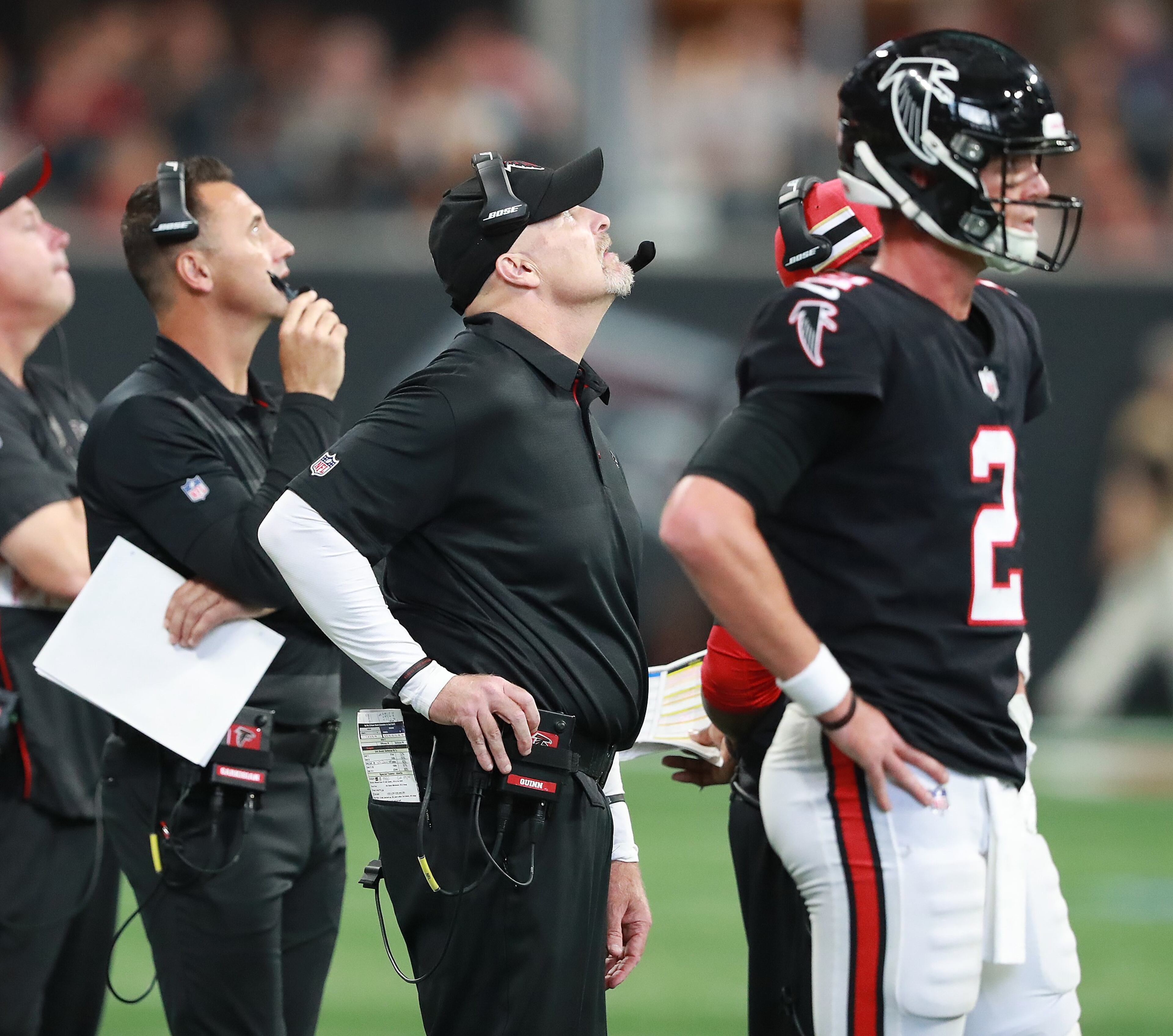September 30, 2018 Atlanta: Falcons offensive coordinator Steve Sarkisian (from left), head coach Dan Quinn, and quarterback Matt Ryan can only watch from the sidelines in the fourth quarter falling to the Bengals 37-36 in a NFL football game on Sunday, Sept 30, 2018, in Atlanta. Curtis Compton/ccompton@ajc.com