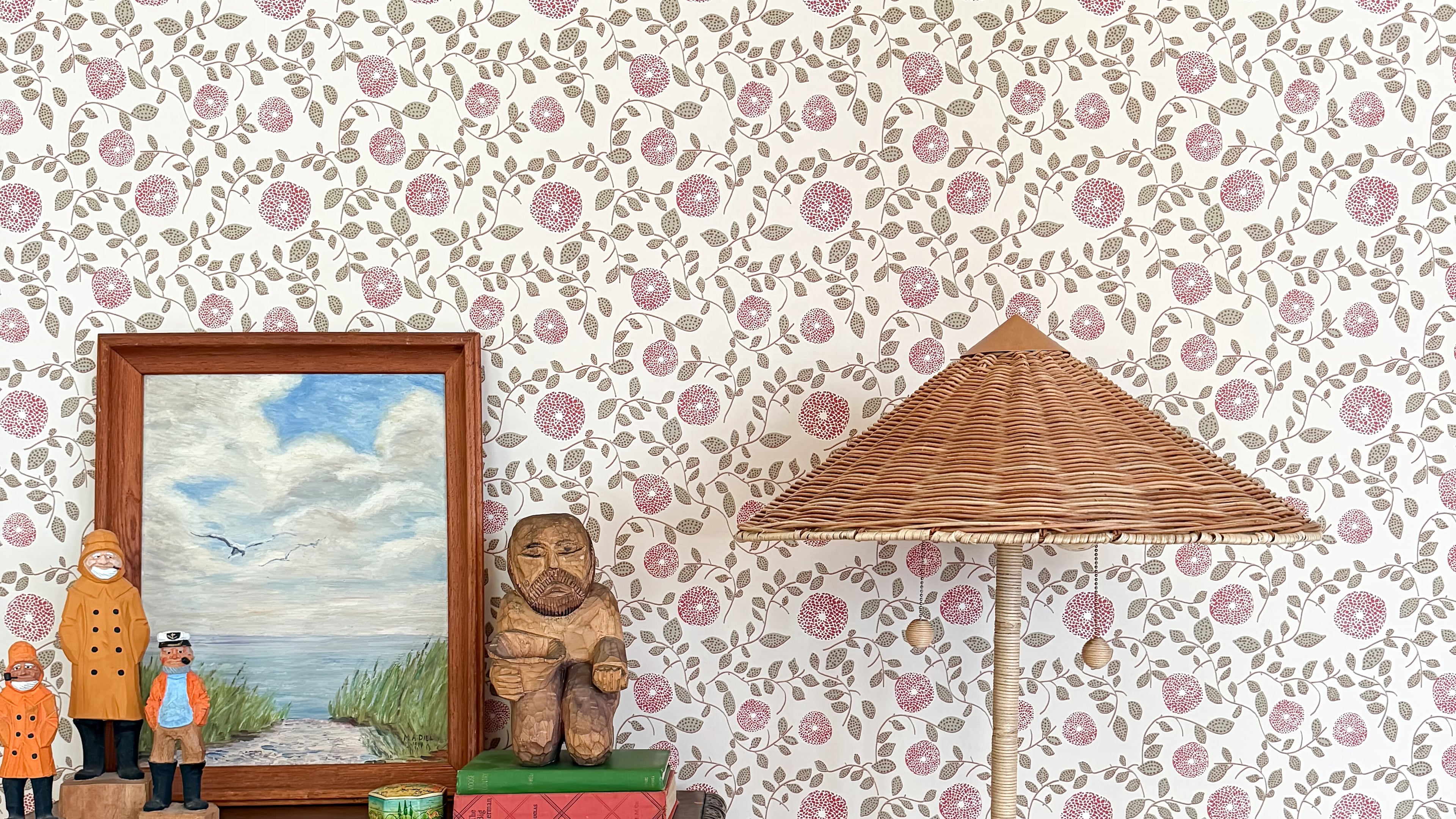 Wallpaper from Gray Benko Home shows how pattern can act as a backdrop, grounding furniture, art and collected pieces without overpowering the space. (Courtesy of Gray Benko Home)