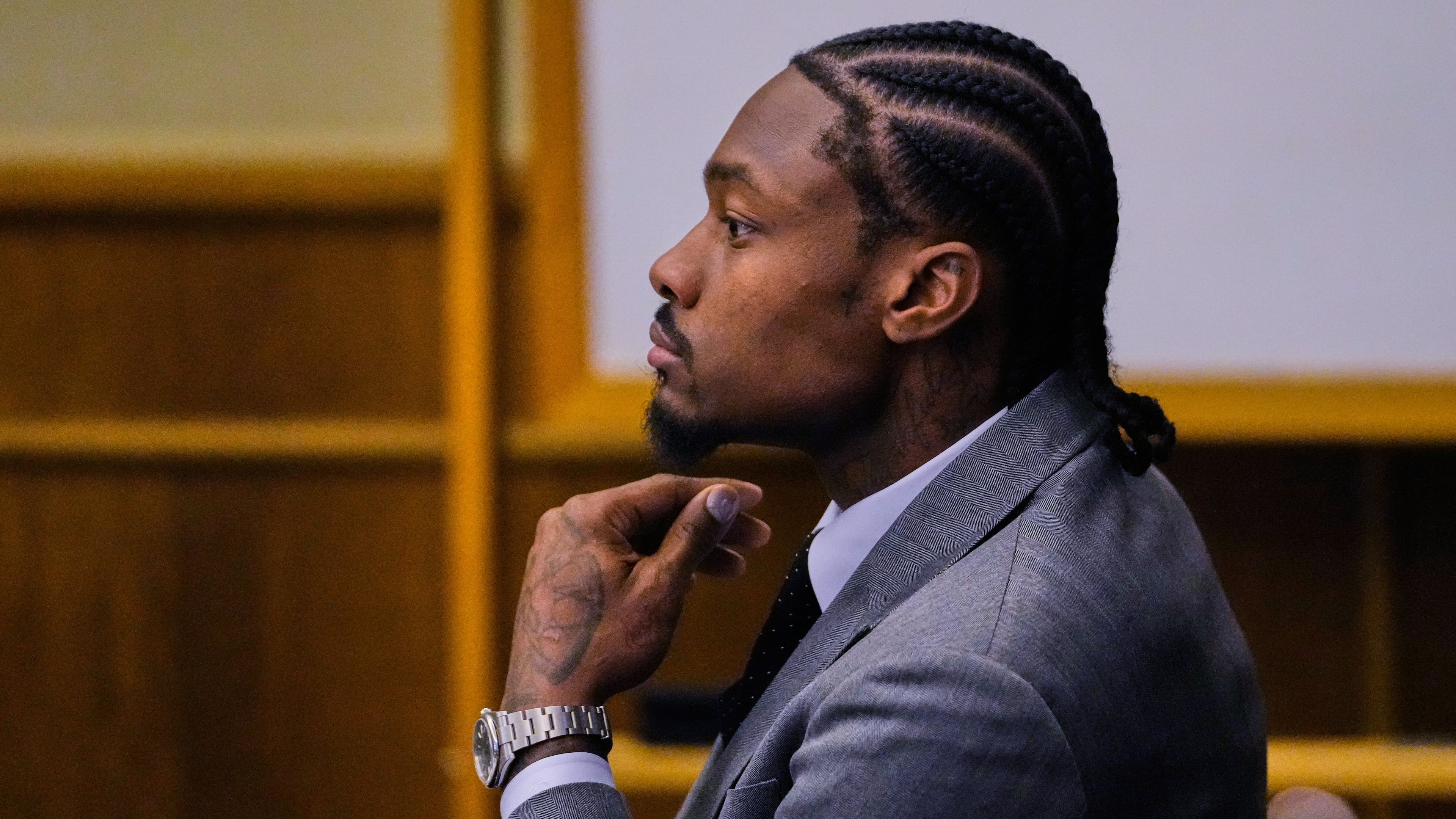Former New England Patriots wide receiver Stefon Diggs appears in court during his trial at Norfolk County District Court, Tuesday, May 5, 2026, in Dedham, Mass. (AP Photo/Charles Krupa, Pool)
