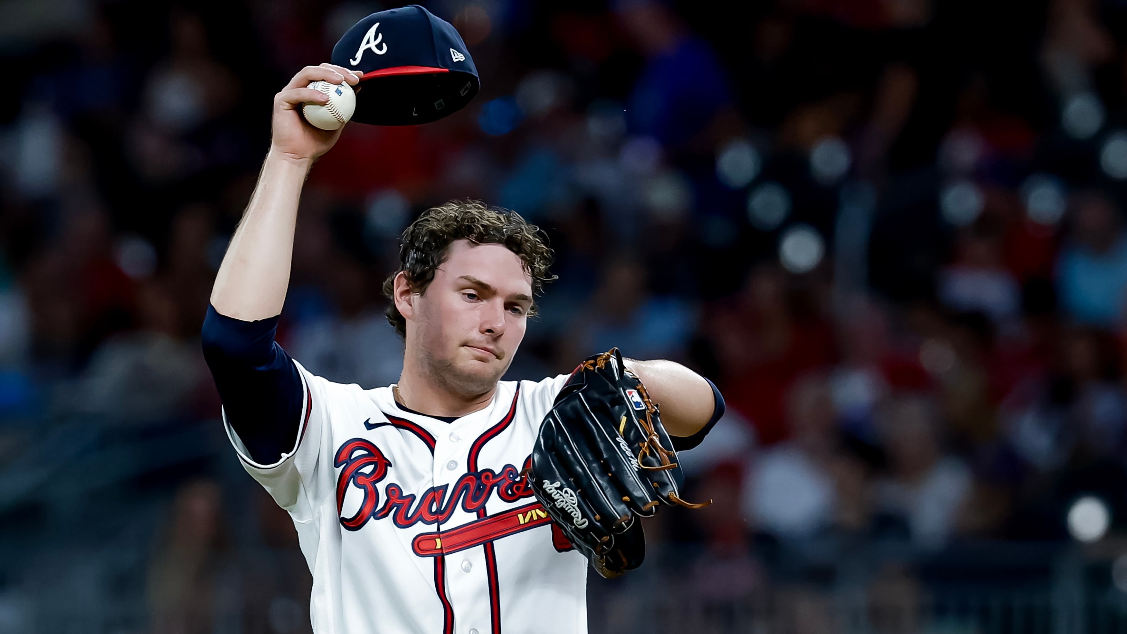 Atlanta Braves pitcher JR Ritchie reacts after giving up a solo home run to San Diego Padres' Manny Machado during the sixth inning of a baseball game, Tuesday, July 21, 2026, in Atlanta. (AP Photo/Erik S. Lesser)