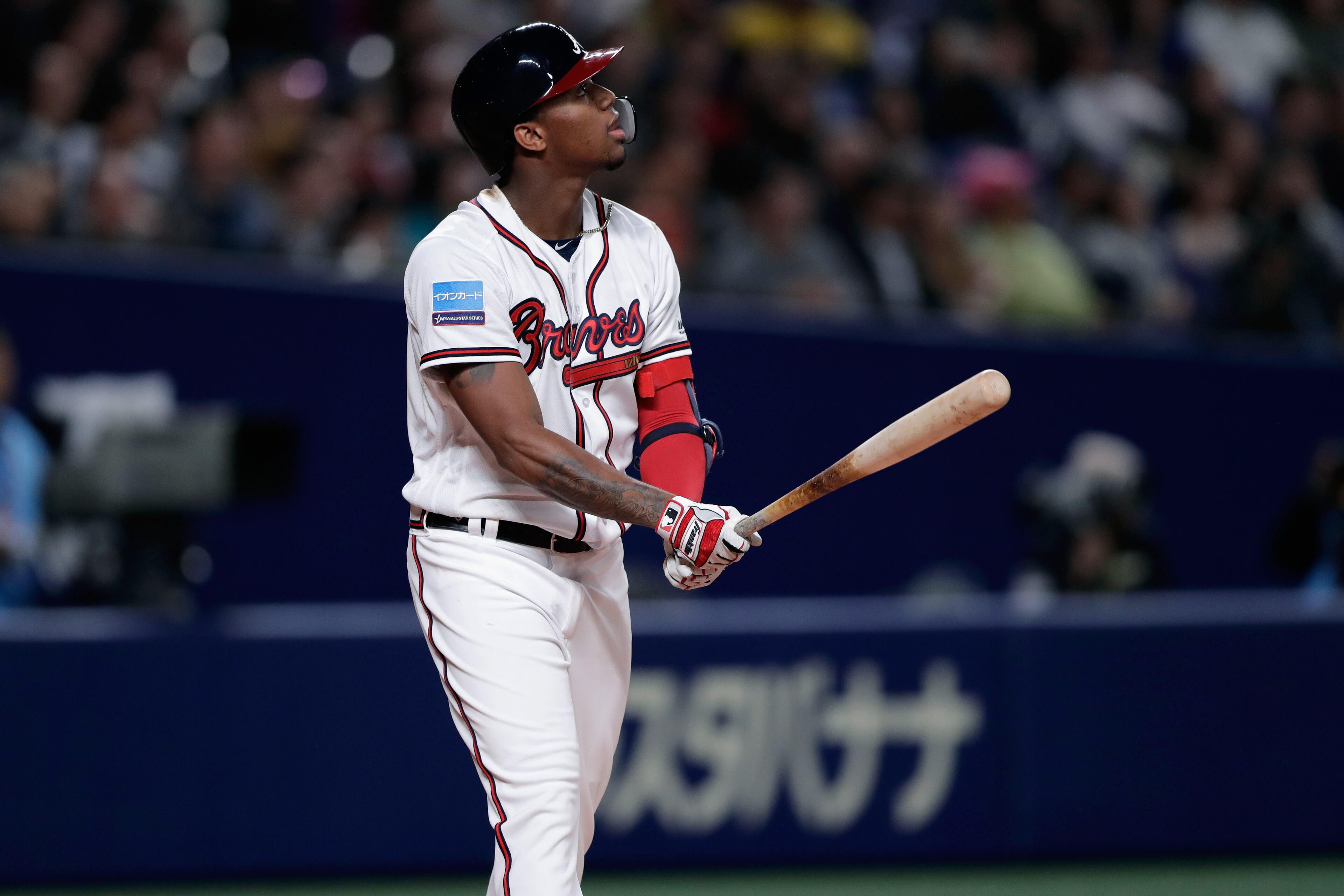 NAGOYA, JAPAN - NOVEMBER 15: Outfielder Ronald Acuna Jr. #13 of the Atlanta Braves hits a solo home run in the bottom of 8th inning during the game six between Japan and MLB All Stars at Nagoya Dome on November 15, 2018 in Nagoya, Aichi, Japan. (Photo by Kiyoshi Ota/Getty Images)