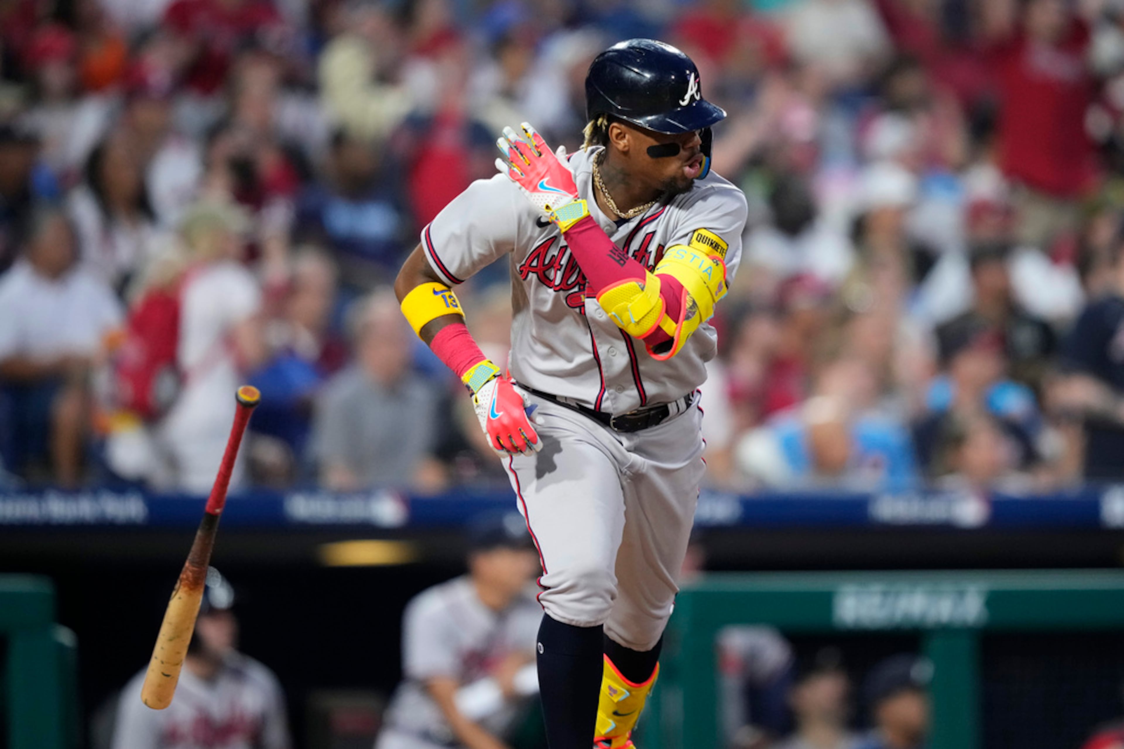 Atlanta Braves' Ronald Acuna Jr. reacts after hitting a run-scoring single against Philadelphia Phillies pitcher Jeff Hoffman during the seventh inning of a baseball game, Tuesday, June 20, 2023, in Philadelphia. (AP Photo/Matt Slocum)