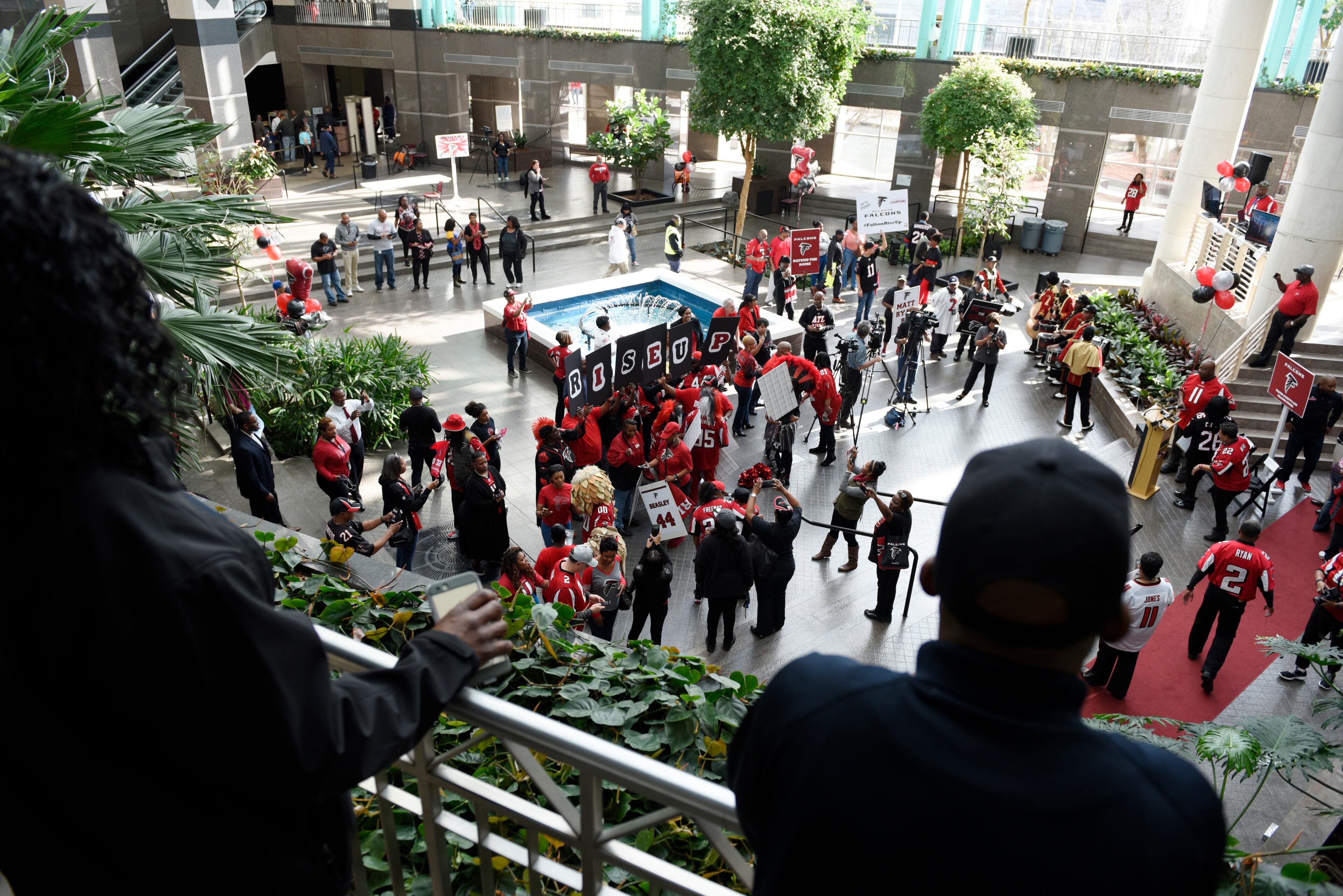January 20, 2017, Atlanta - Fans gather for a pep rally for the upcoming NFC Championship game against the Packers in Atlanta, Georgia, on Friday, January 20, 2017. (DAVID BARNES / DAVID.BARNES@AJC.COM)