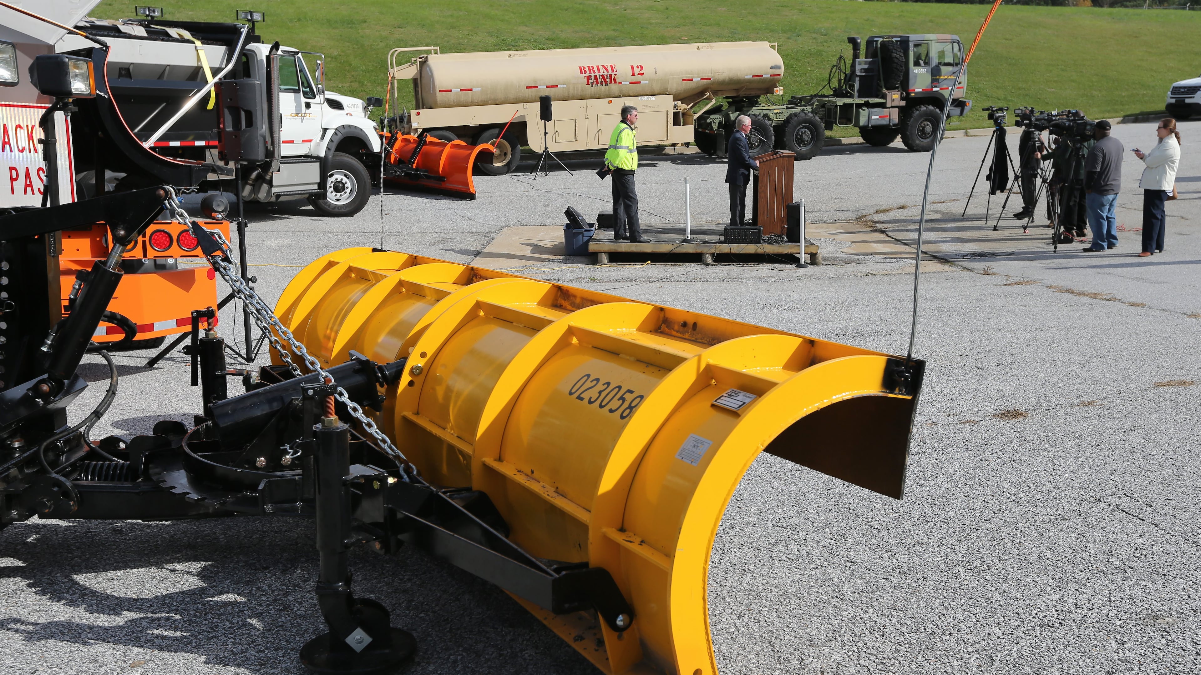 November 16, 2015 Forest Park: GDOT Commissioner Russell McMurry and State Maintenance Engineer Dale Brantley show off some of the state's new winter equipment during a press conference on Monday afternoon November 16, 2015 to discuss winter weather preparedness. Ben Gray / bgray@ajc.com