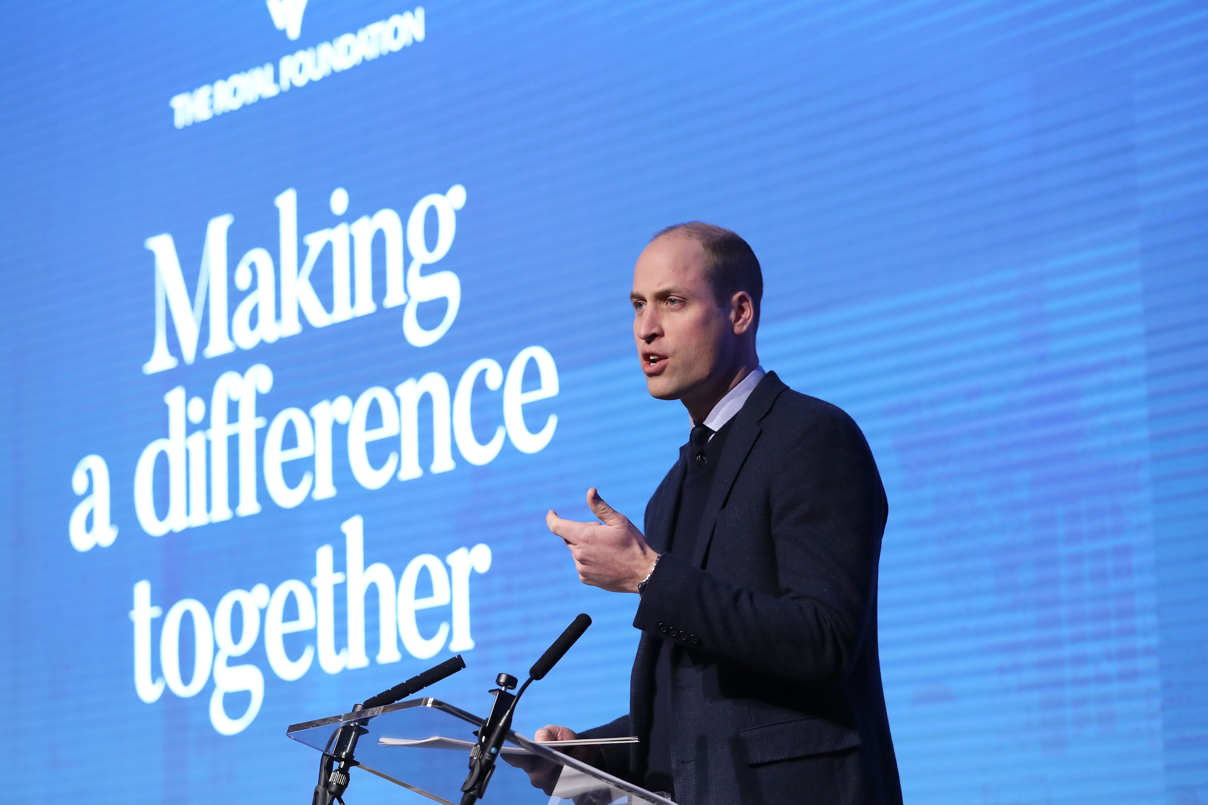 LONDON, ENGLAND - FEBRUARY 28: Prince William, Duke of Cambridge gives a speech as he attends the first annual Royal Foundation Forum held at Aviva on February 28, 2018 in London, England. Under the theme 'Making a Difference Together', the event will showcase the programmes run or initiated by The Royal Foundation. (Photo by Chris Jackson - WPA Pool/Getty Images)