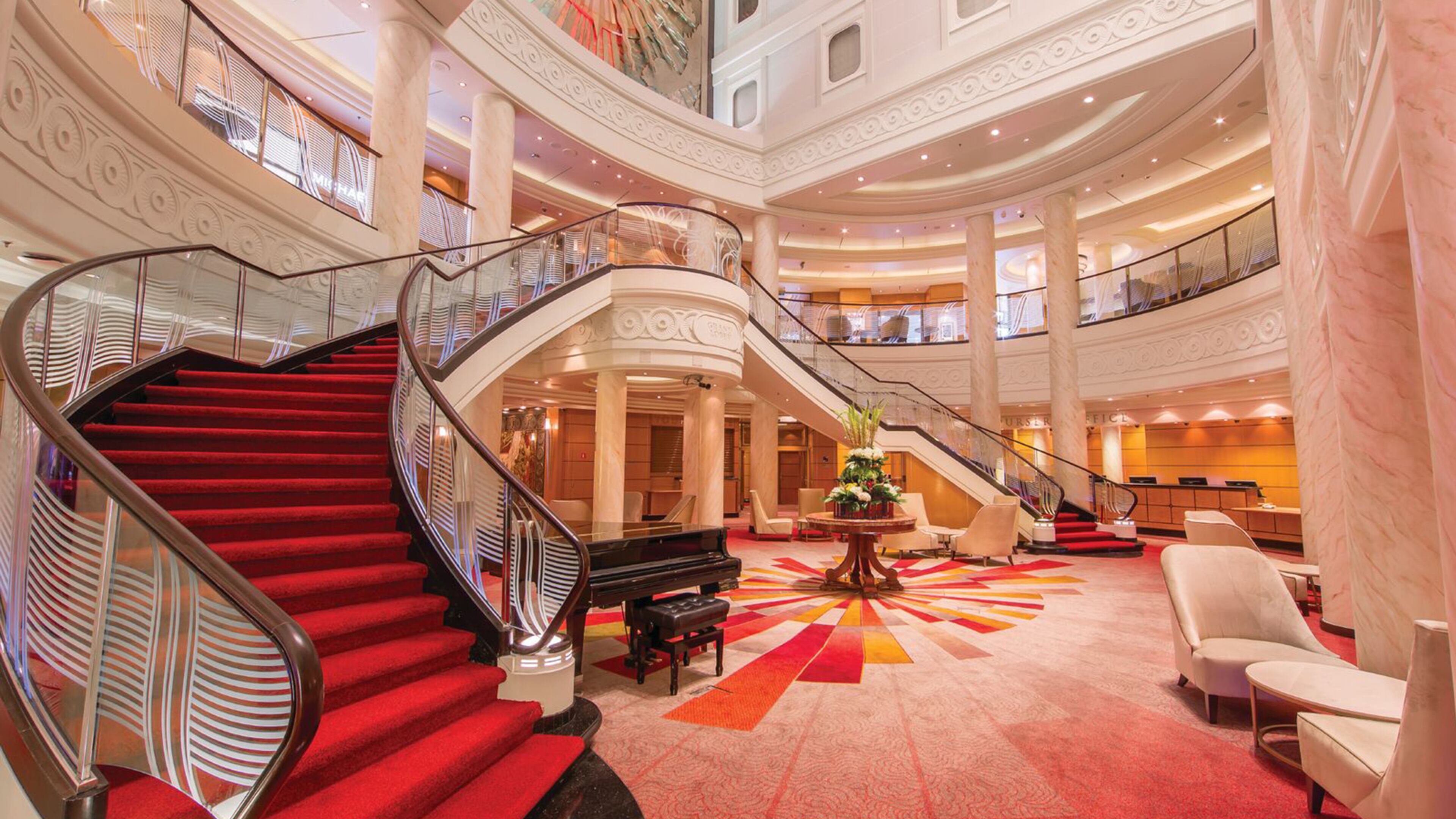 The Grand Lobby of the Queen Mary 2 lives up to its name. (Cunard)