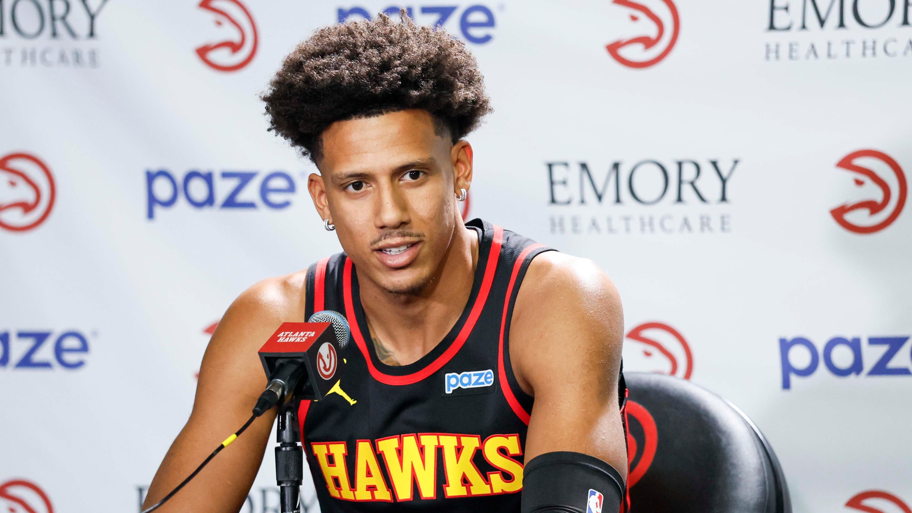 Atlanta Hawks forward Jalen Johnson speaks to the press during the team’s media day at PC&E Atlanta on Monday, Sept. 28, 2026, in Atlanta. (Miguel Martinez/AJC)