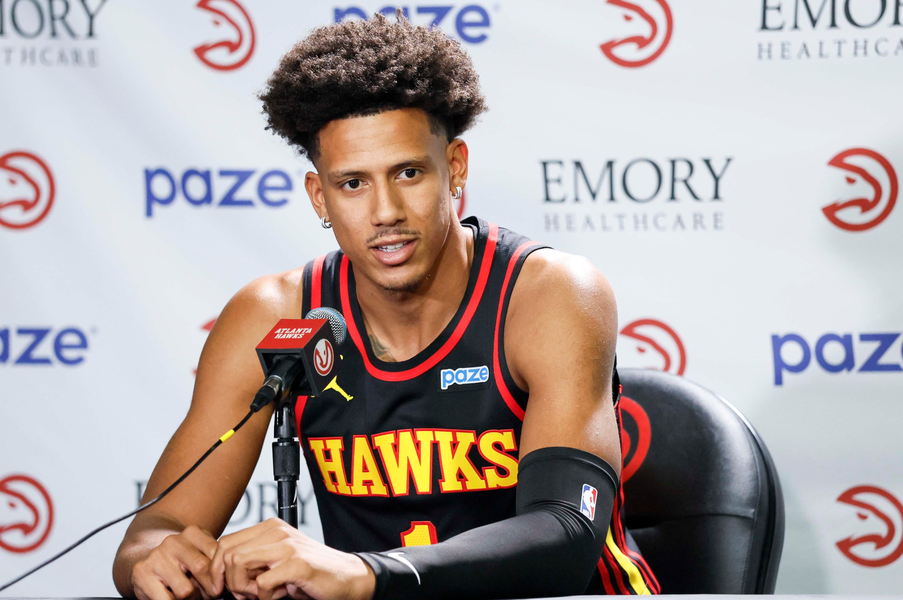 Atlanta Hawks forward Jalen Johnson speaks to the press during the team’s media day at PC&E Atlanta on Monday, Sept. 28, 2026, in Atlanta. (Miguel Martinez/AJC)