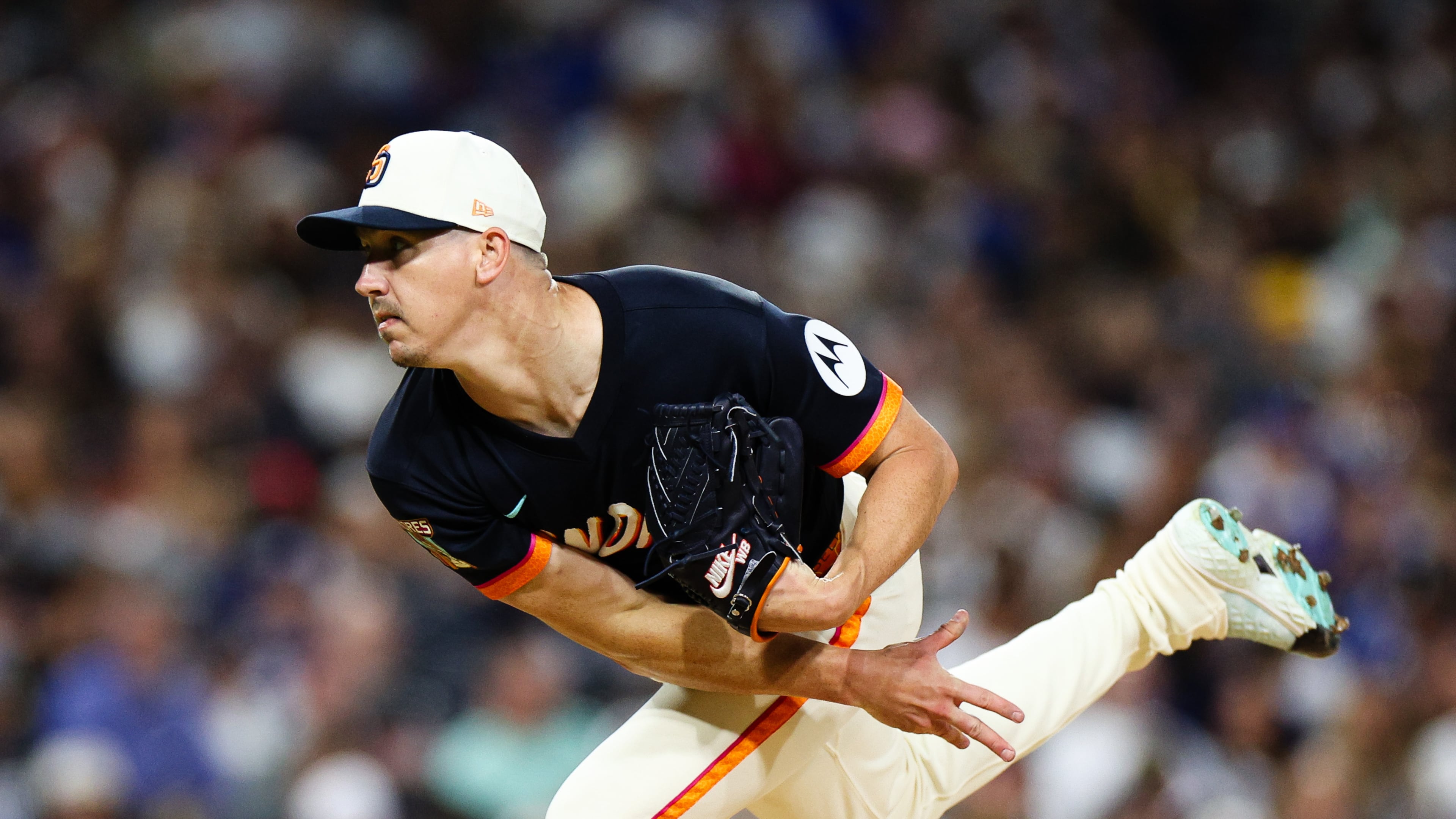 '"San Diego Padres' Walker Buehler follows through on a pitch against the Los Angeles Dodgers in the sixth inning of a baseball game Friday, June 26, 2026, in San Diego. (AP Photo/Derrick Tuskan)