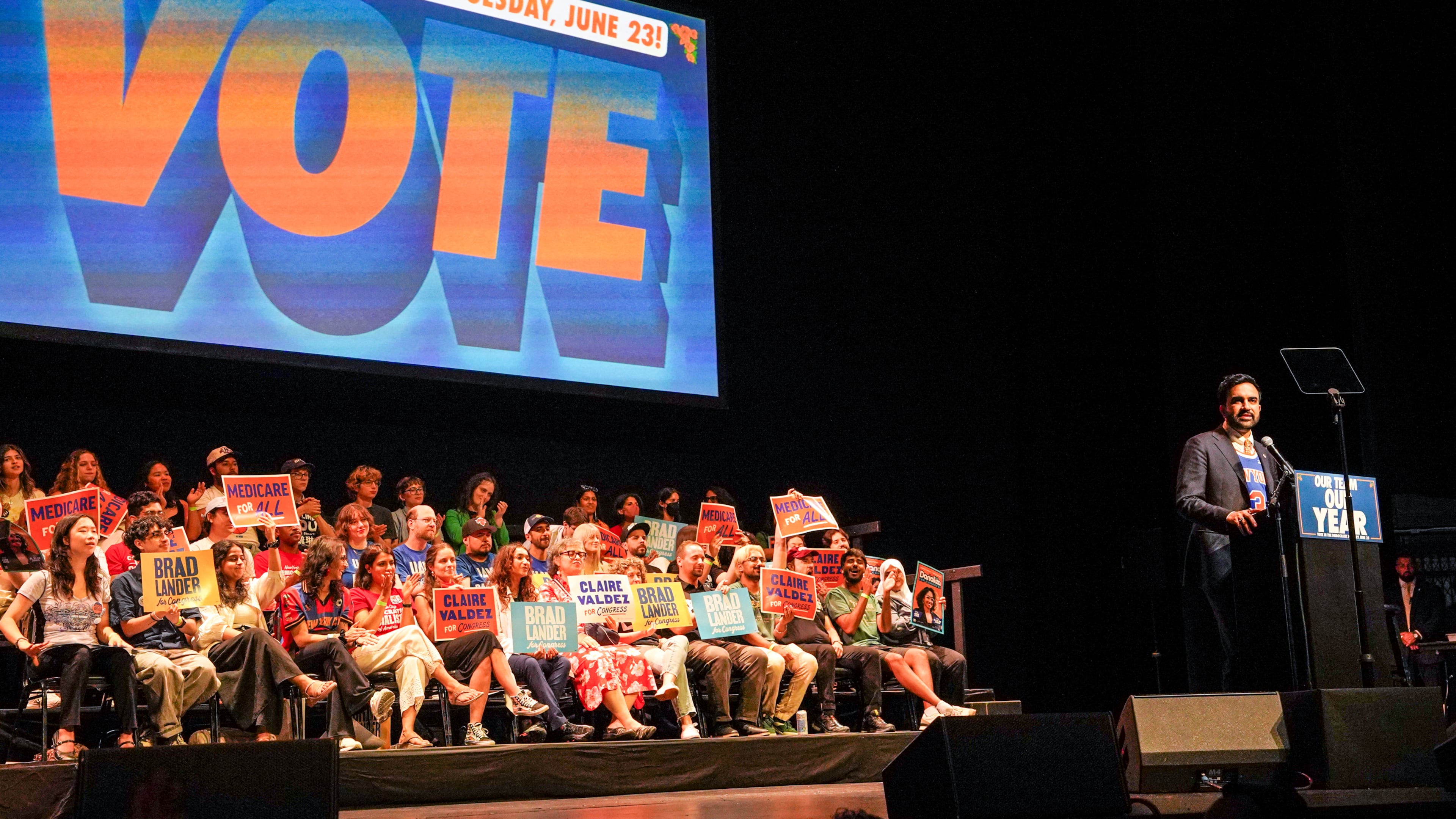 Mayor Zohran Mamdani speaks during a Get Out The Vote rally ahead of New York's primary election, Thursday, June 18, 2026, in the Brooklyn borough of New York. (AP Photo/Ryan Murphy)