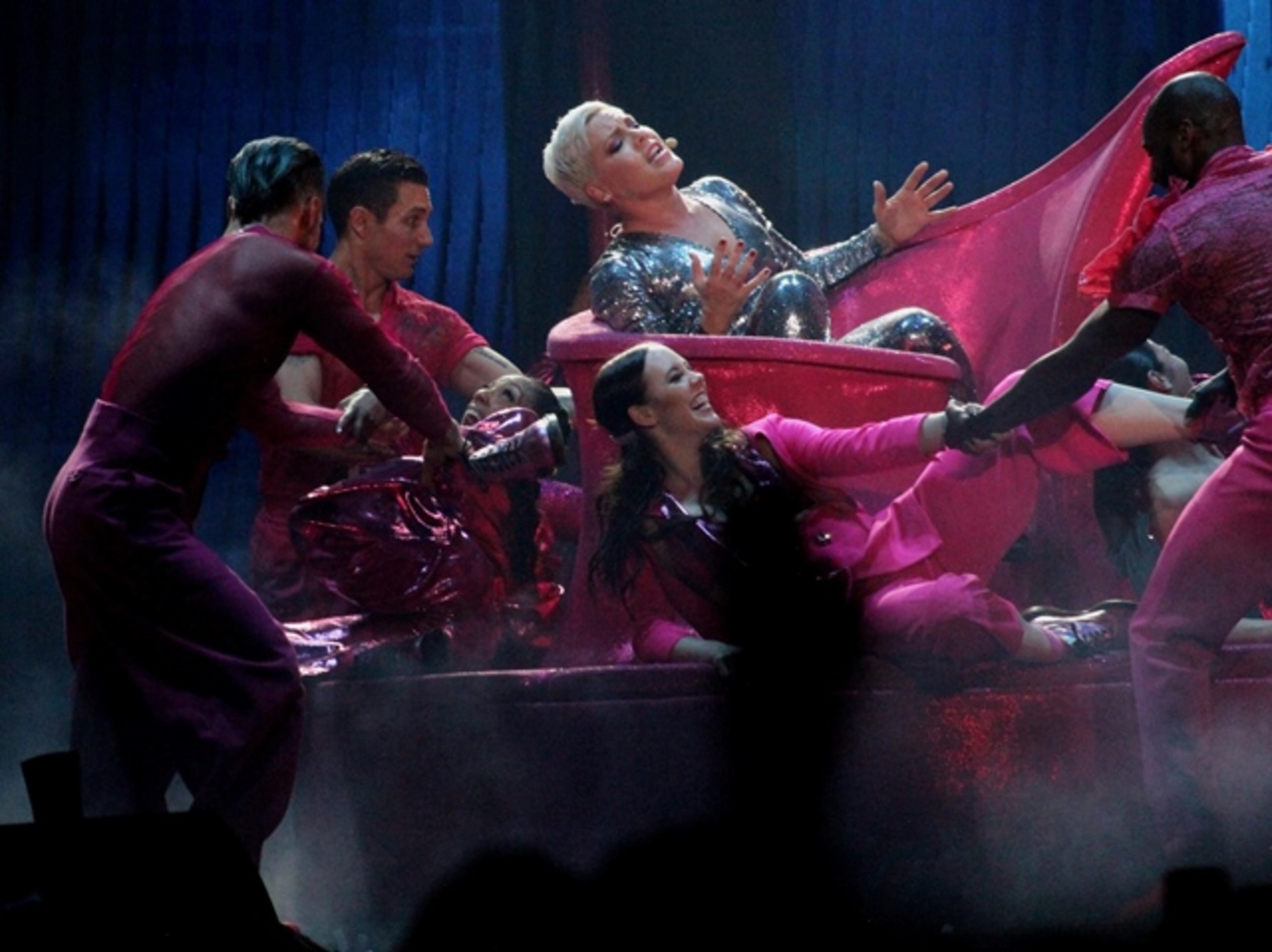 Pink has some fun with her dancers at Philips Arena. Photo: Melissa Ruggieri/AJC