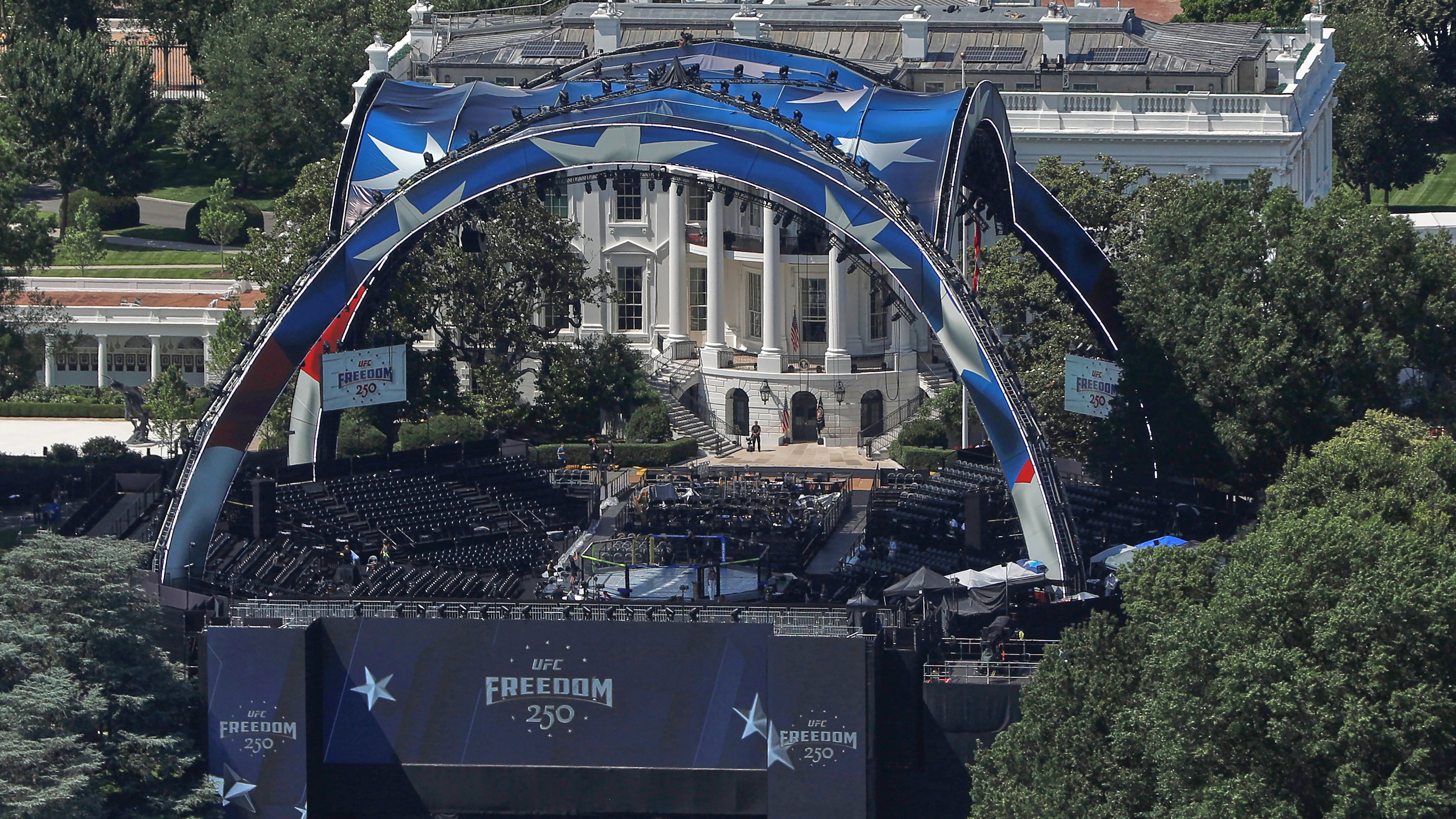 The arena for the UFC Freedom 250 fights is pictured on the South Lawn of the White House, in Washington, Saturday, June 13, 2026. (AP Photo/Rahmat Gul)