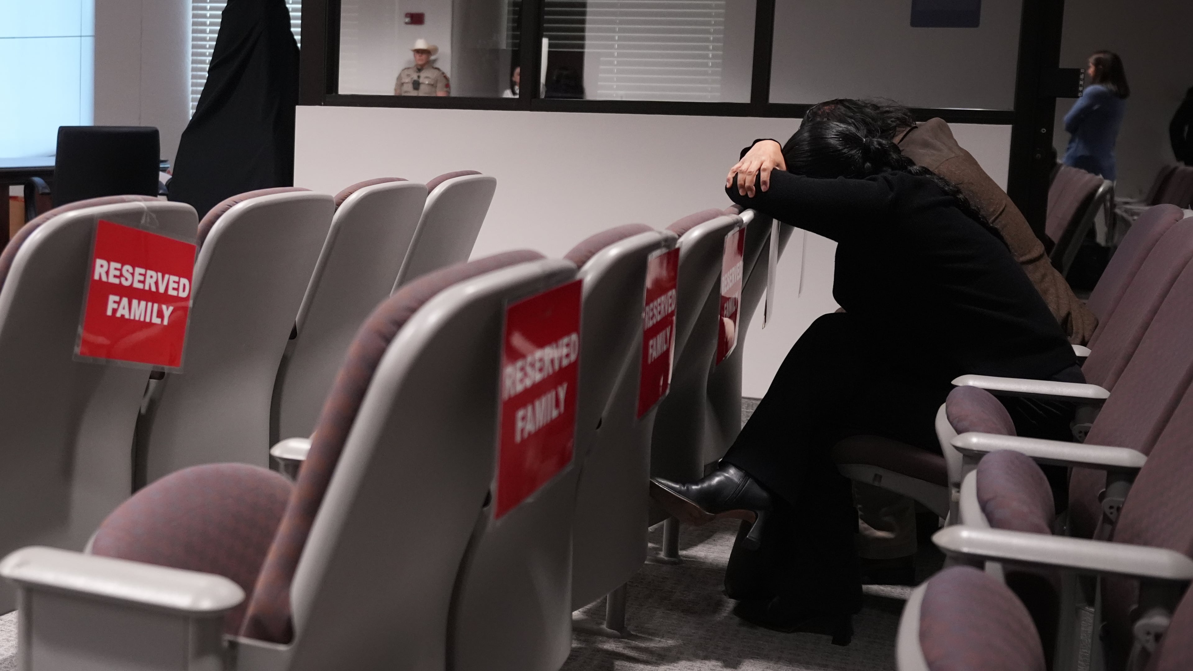 Family members attend the trial for former Uvalde school district police officer Adrian Gonzales at the Nueces County Courthouse in Corpus Christi, Texas, Tuesday, Jan. 6, 2026. (AP Photo/Eric Gay)