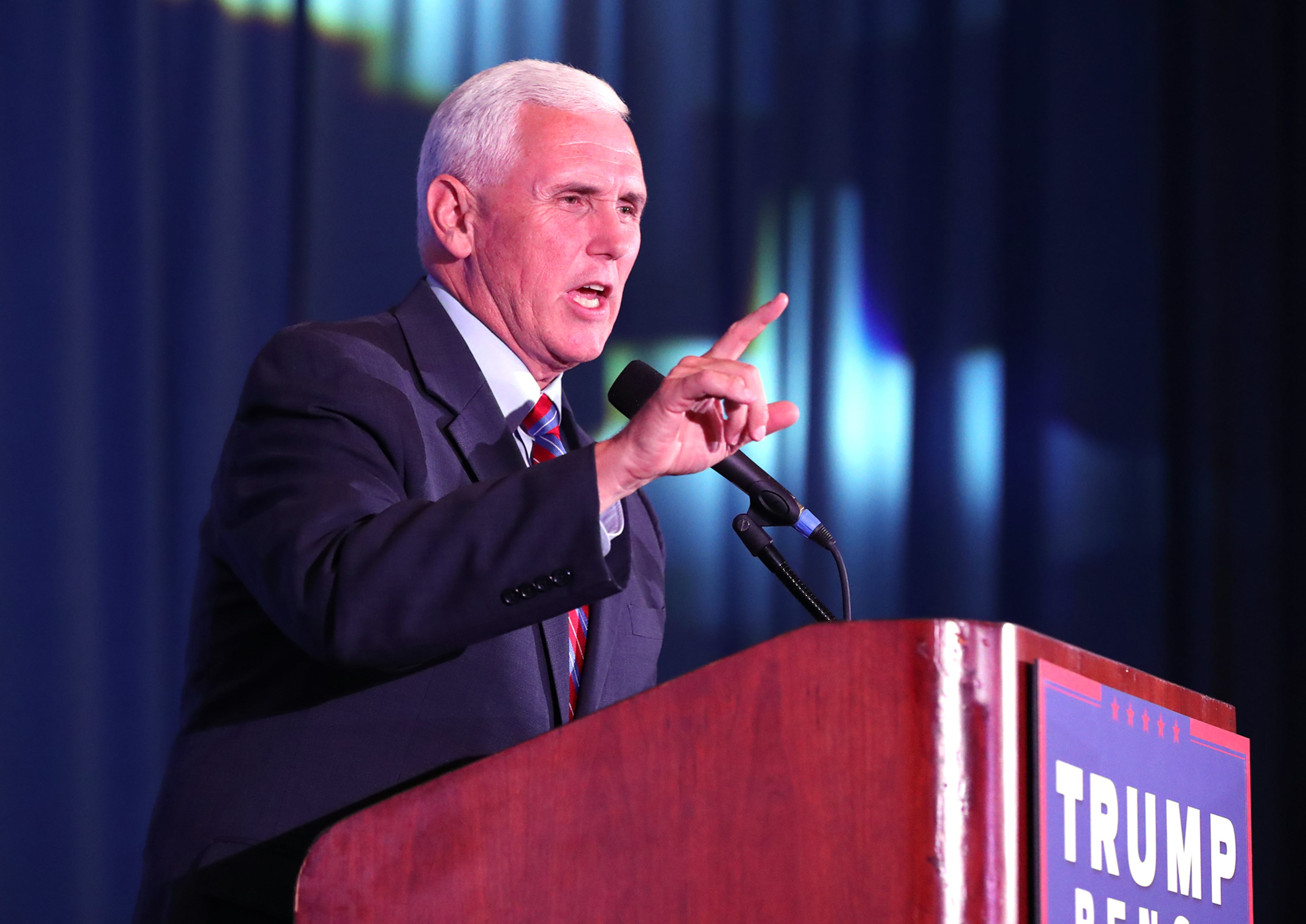 Indiana Gov. Mike Pence, Donald Trump's vice presidential candidate, speaks during a campaign stop at the Cobb-Marietta Coliseum & Exhibit Hall Authority on Monday, August 29, 2016, in Marietta. It was the first day of a two-day tour across Georgia for Pence, with visits to farmers in Middle Georgia, Republican donors in Atlanta and suburban supporters in Cobb County. Curtis Compton /ccompton@ajc.com
