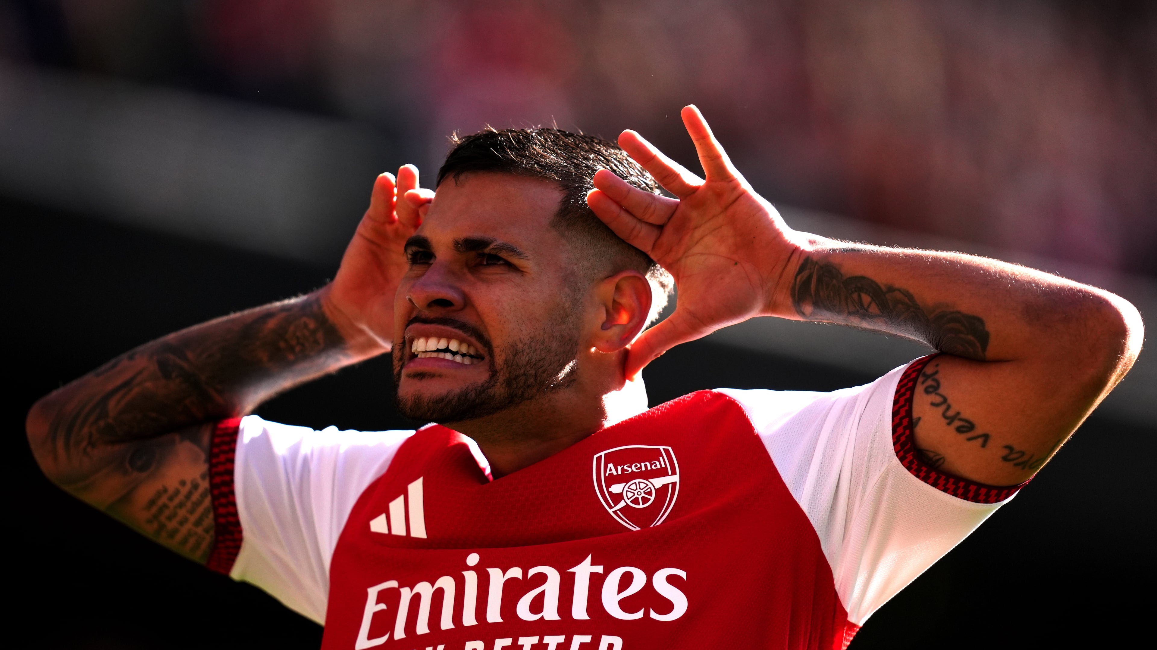 Arsenal's Bruno Guimaraes celebrates scoring his side's second goal during the English Premier League soccer match between Arsenal and Leeds United in London, Saturday, Oct. 10, 2026. ( John Walton/PA via AP)