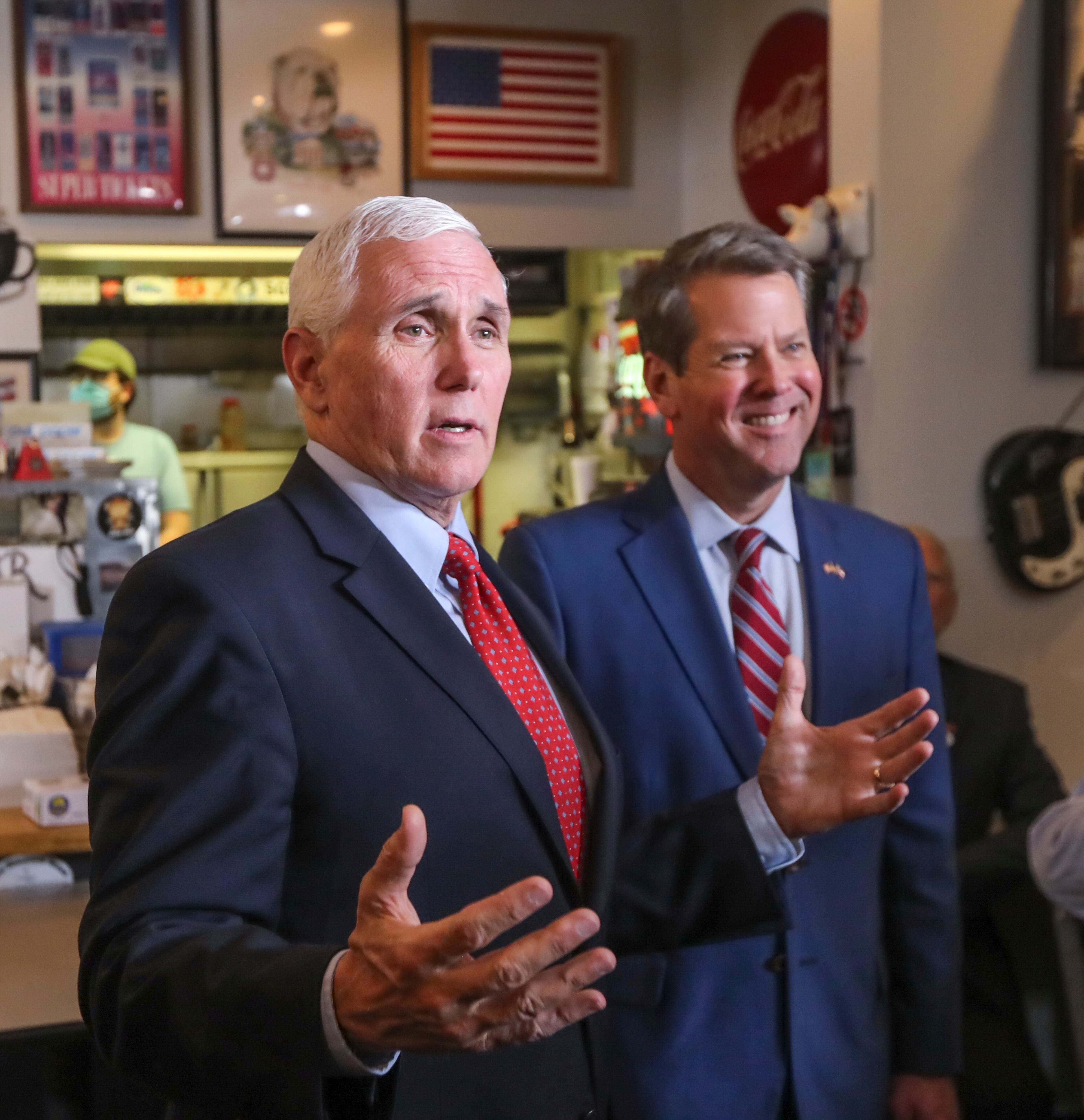 Vice President Mike Pence (left) and Gov. Brian Kemp at the Star Cafe on Marietta Boulevard NW in Atlanta on Friday, May 22, 2020. (Photo: JOHN SPINK/JSPINK@AJC.COM)