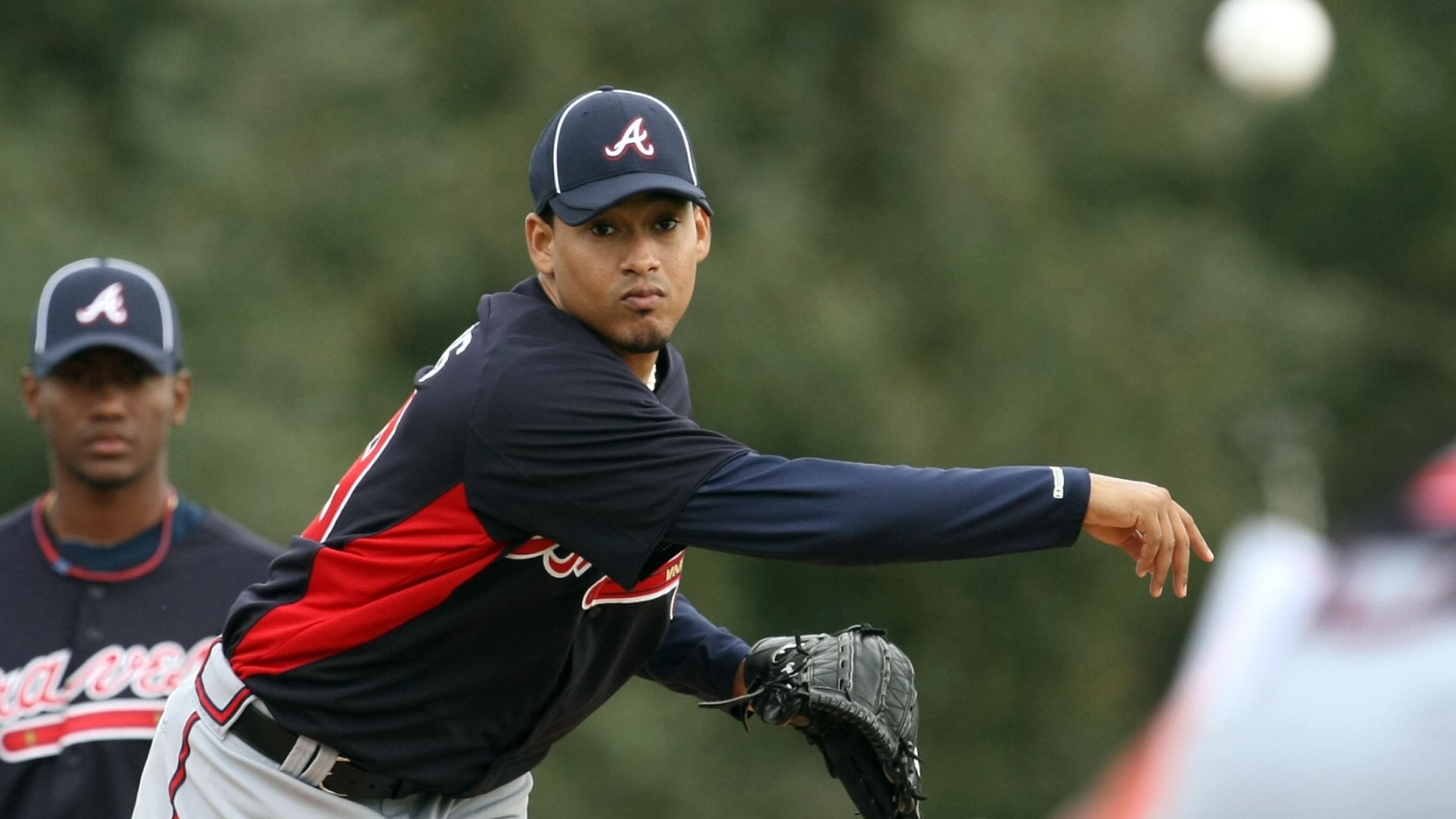 Feb. 22, 2012- LAKE BUENA VISTA, FL: Atlanta Braves pitcher Jair Jurrjens practices his pickoff move to first base during the third day of pitchers and catchers workouts at Champion Stadium in the ESPN Wide World of Sports Complex Wednesday morning in Lake Buena Vista, Fl., Feb. 22, 2012. Jurrjens returns to camp healthy after he did not pitch in September, the second straight year he was sidelined by a right-knee injury during the playoff stretch. Jason Getz jgetz@ajc.com