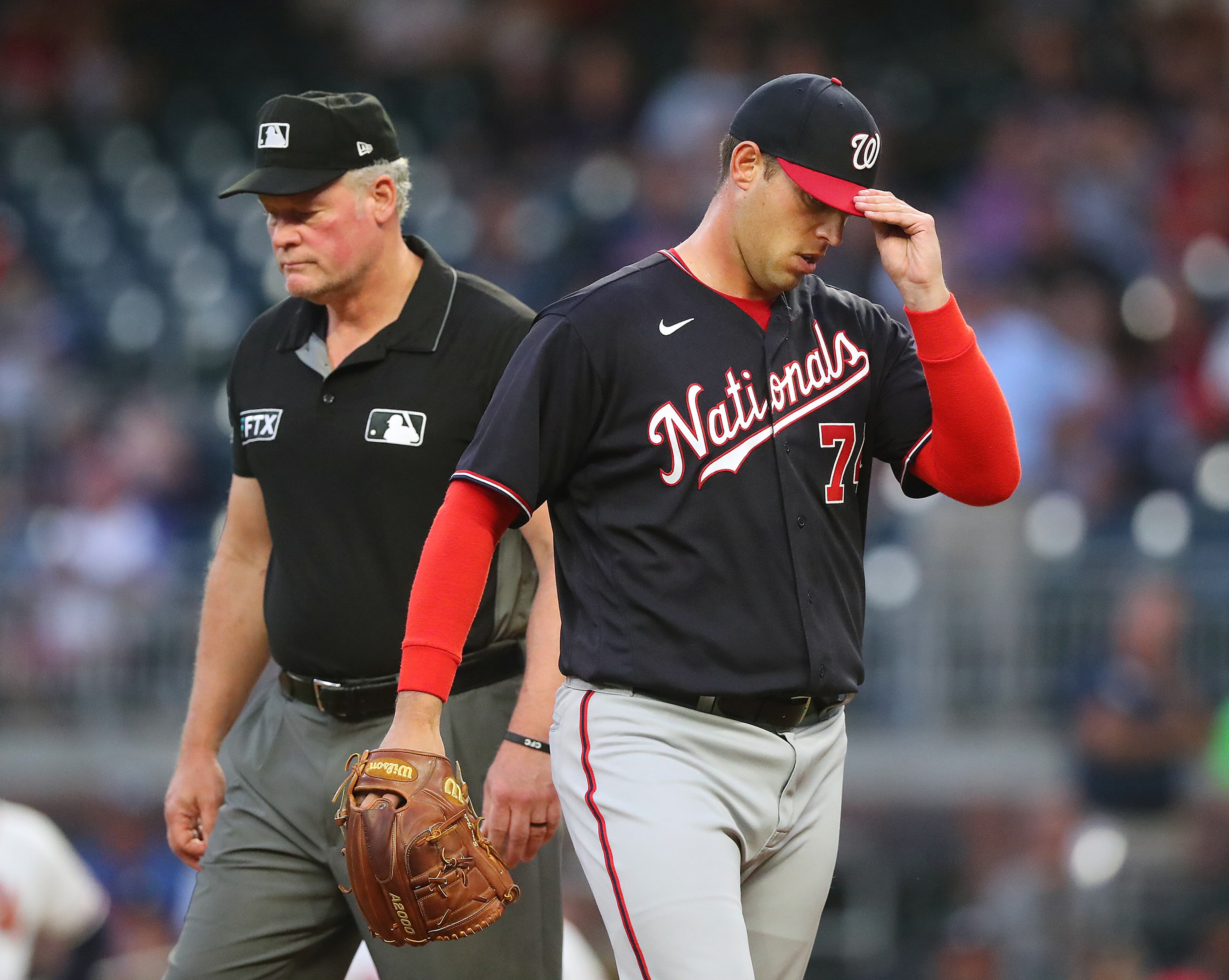Nationals starting pitcher Sean Nolin is ejected from the game for hitting Atlanta Braves first baseman Freddie Freeman with a pitch during the first inning in a MLB baseball game on Wednesday, Sept 8, 2021, in Atlanta. “Curtis Compton / Curtis.Compton@ajc.com”