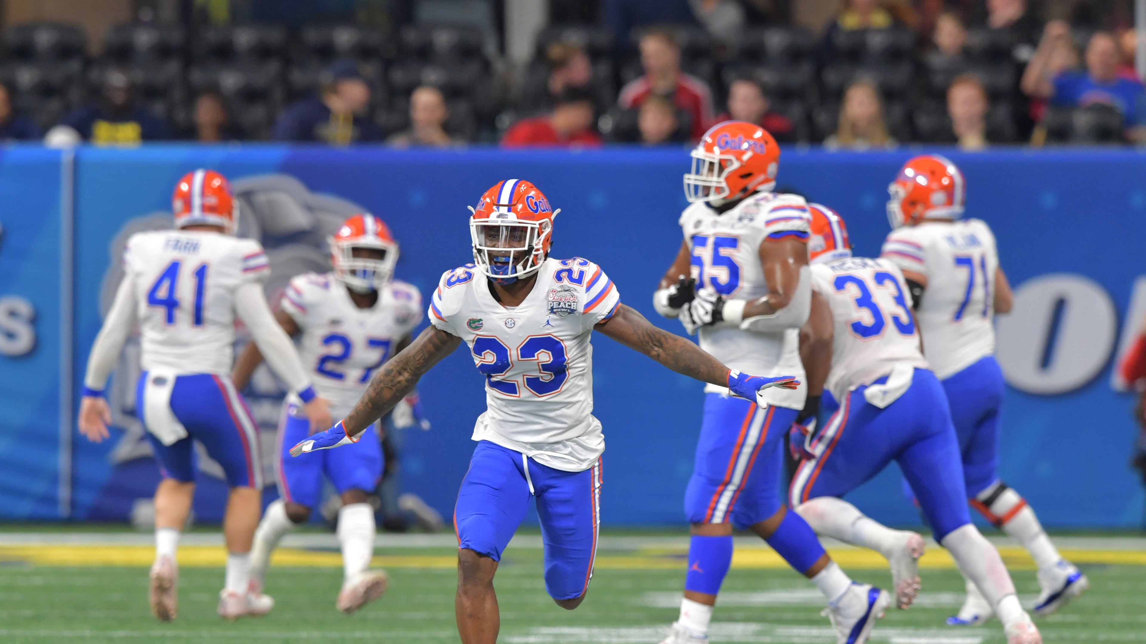 December 29, 2018 Atlanta - Florida Gators defensive back Chauncey Gardner-Johnson (23) reacts in the first half during the Chick-fil-A Peach Bowl at Mercedes-Benz Stadium on Saturday, December 29, 2018. HYOSUB SHIN / HSHIN@AJC.COM